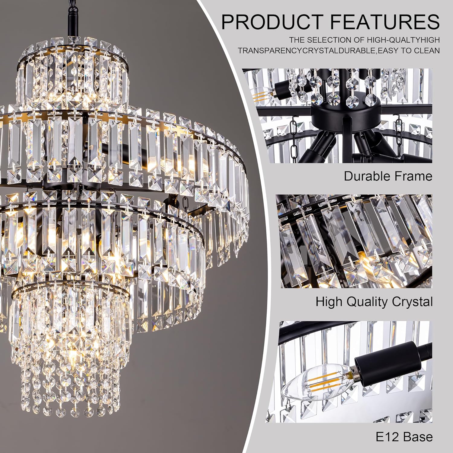 TOCHIC Modern Black Crystal Chandelier, 24" 11-Light Luxury Chandeliers Adjustable Hanging Light Fixture for Dining Living Room, Bedroom, Kitchen Island, Entryway, Staircase