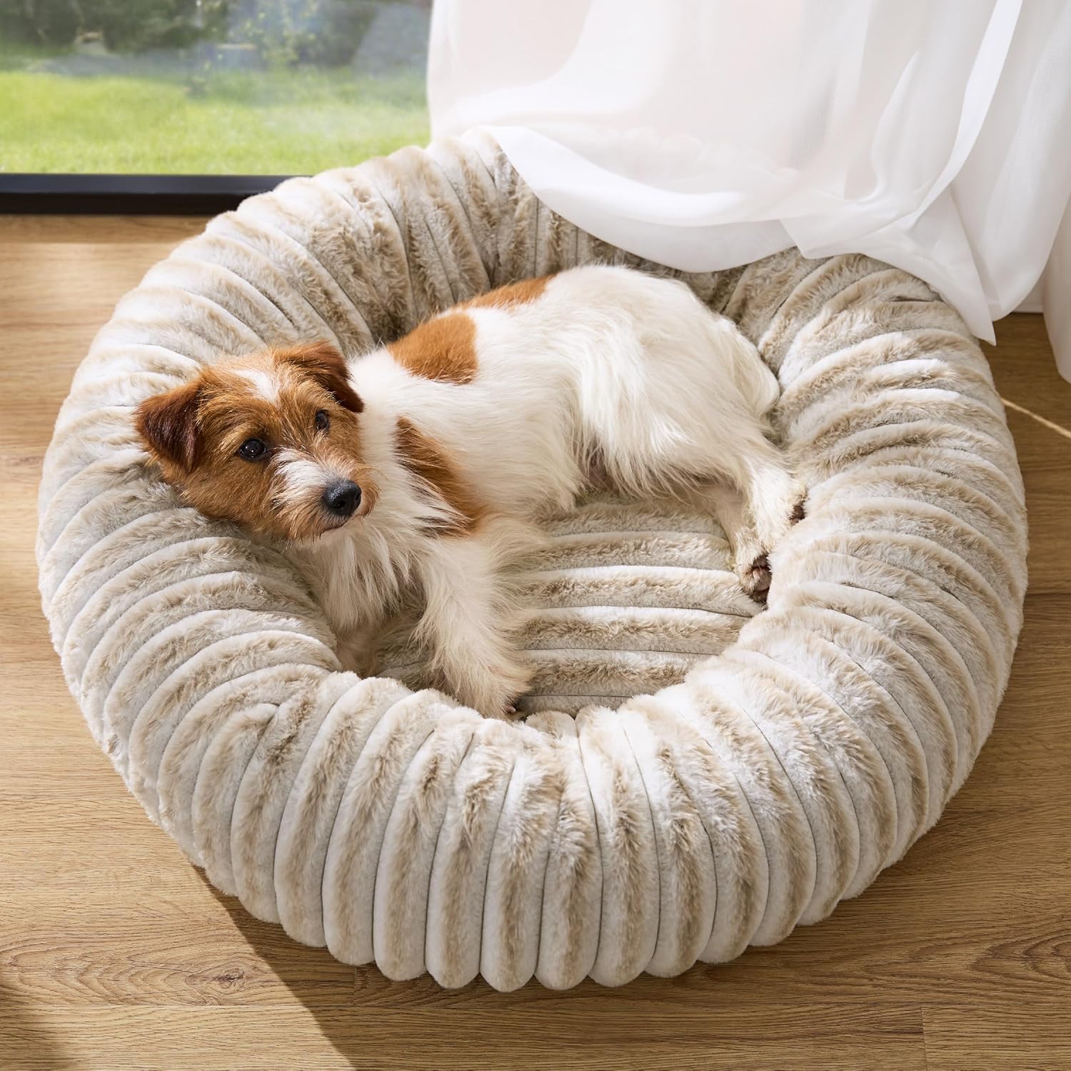 Bedsure ComfyFleece™ Donut Medium Dog Bed - Washable Faux Fur with Corduroy Fleece & Anti Slip Bottom, Round Pet Bed with Removable Cover, Amphora, 30x30x8 inches