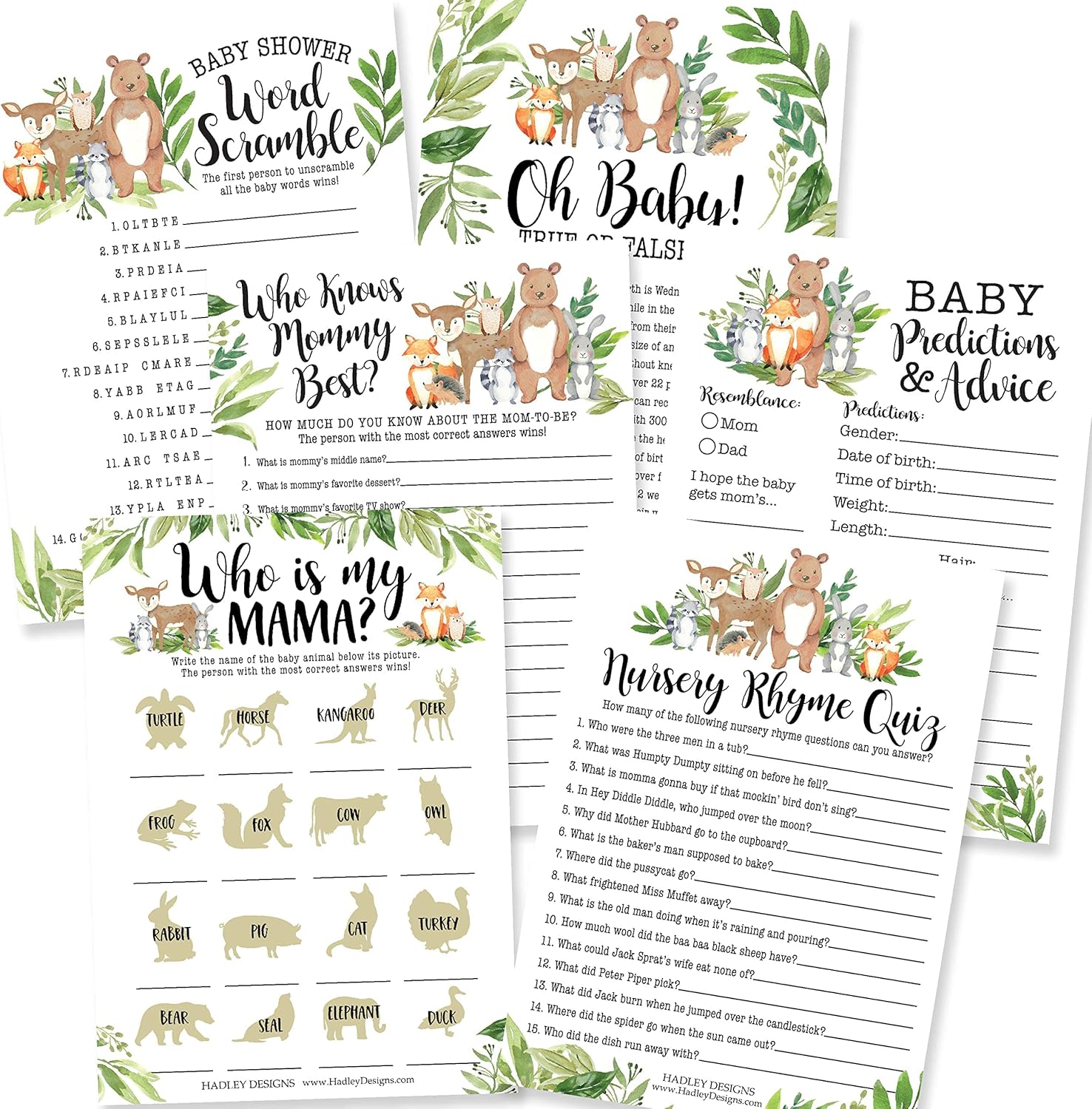25 Woodland Animal Matching, 25 Nursery Rhyme Game, 25 Word Scramble For Baby Shower, 25 True Or False Game, 25 Who Knows Mommy Best, 25 Baby Prediction And Advice Cards - 6 Double Sided Cards