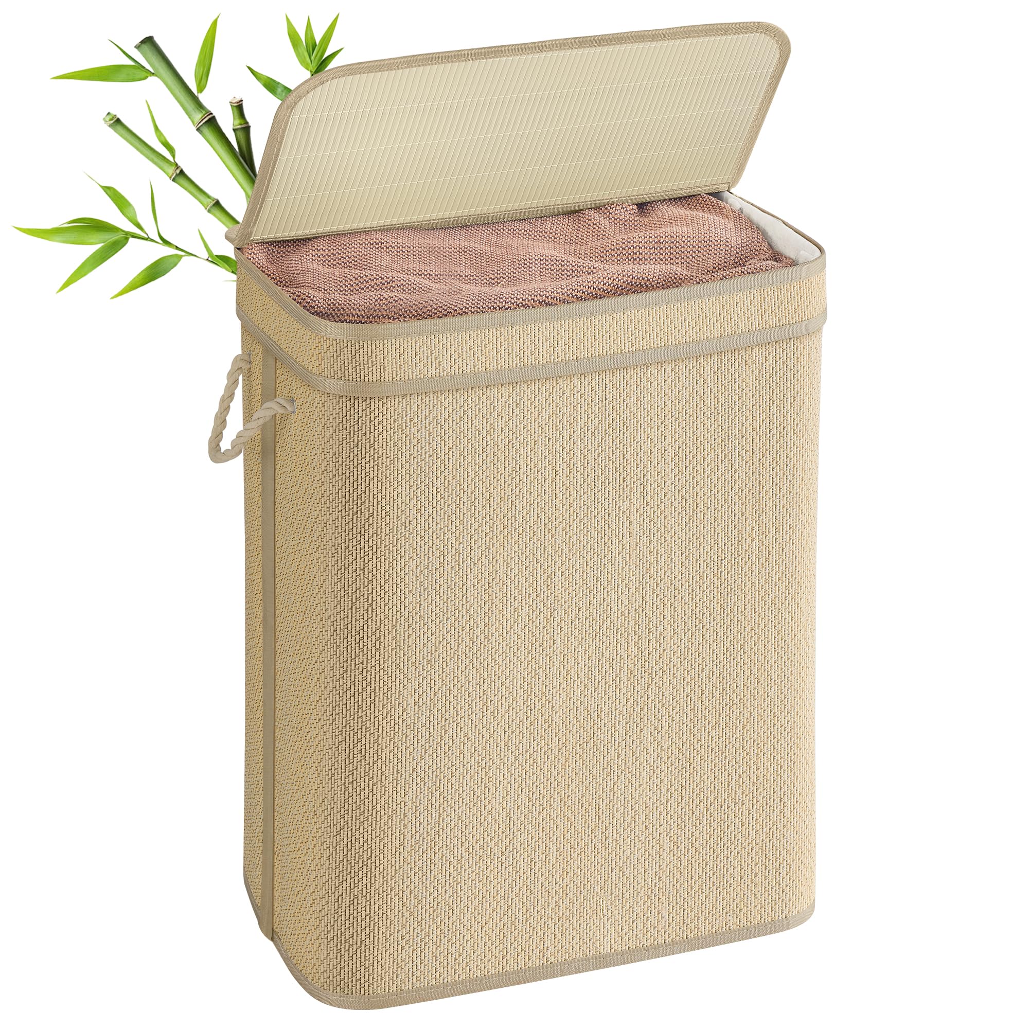 SONGMICS Wasmand met deksel, wasmand van bamboe, afneembare en SONGMICS Wasmand met deksel, wasmand van bamboe, afneembare en