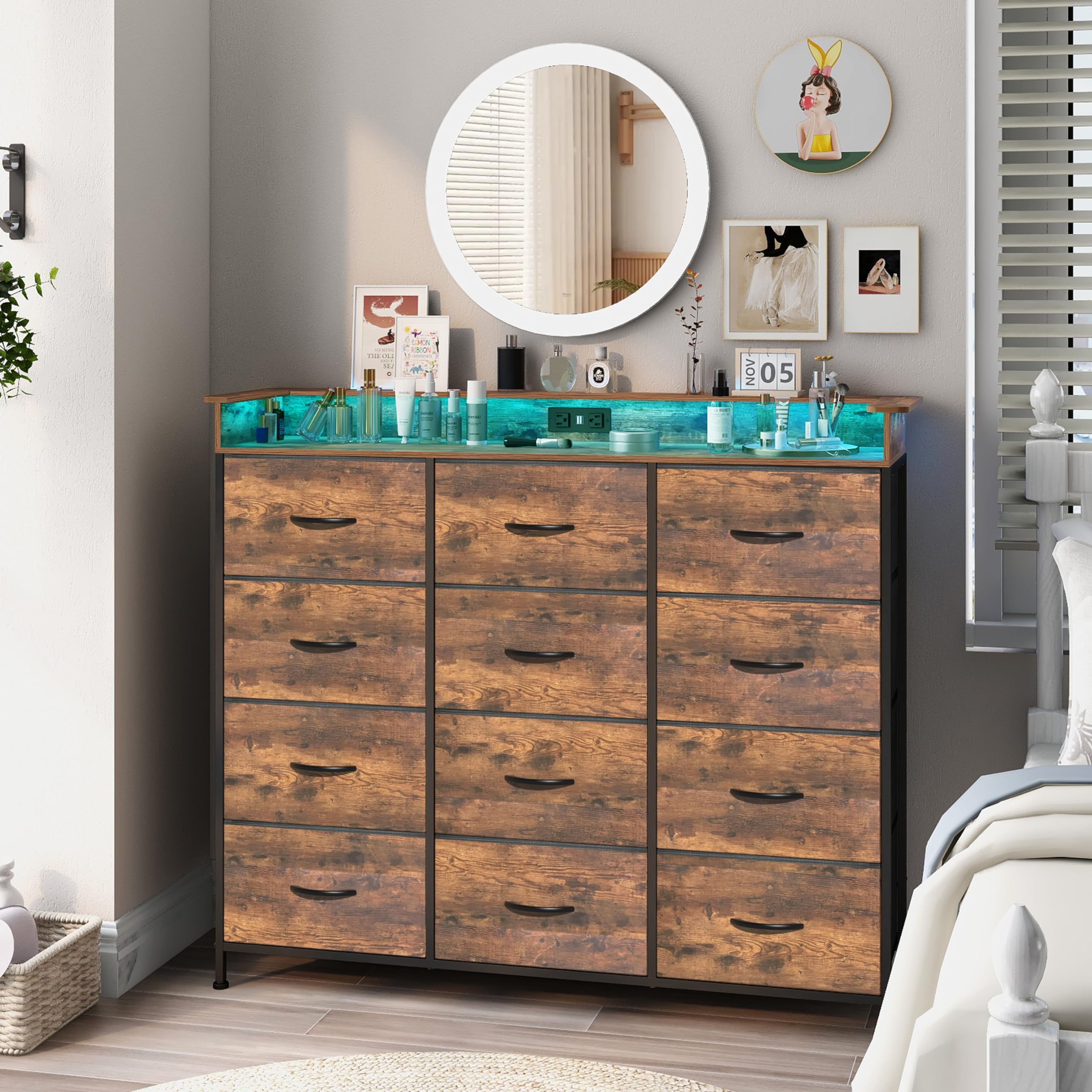Dresser for Bedroom with 12 Drawers Clothes Dresser with Charging Station and LED Light Fabric Storage Tower for Living Room Hallway Closet Sturdy Steel Frame Wooden Top Rustic Brown