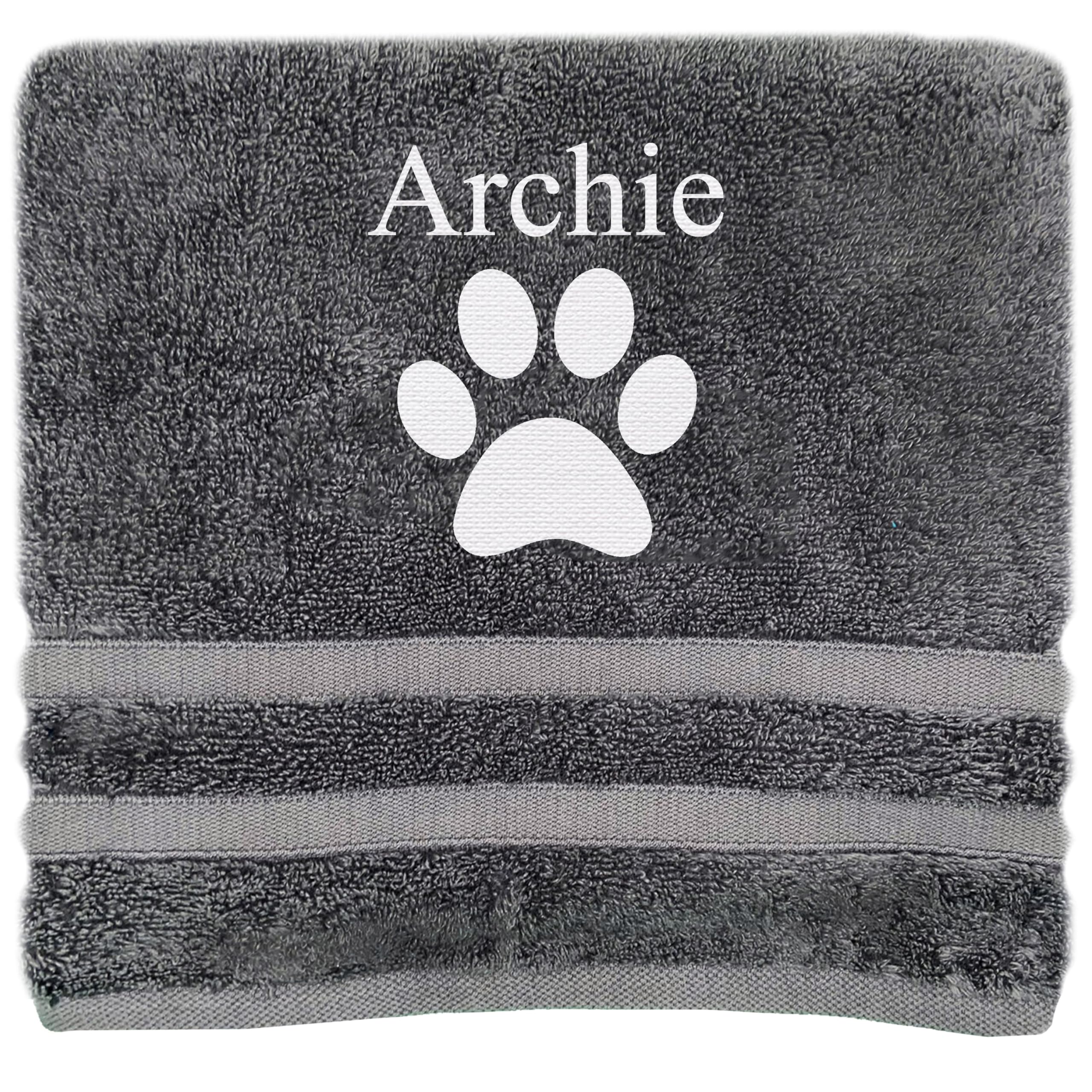 JJLC Personalised Dog Pet Towel Name Paw Print Bath Towel (Dark Grey)