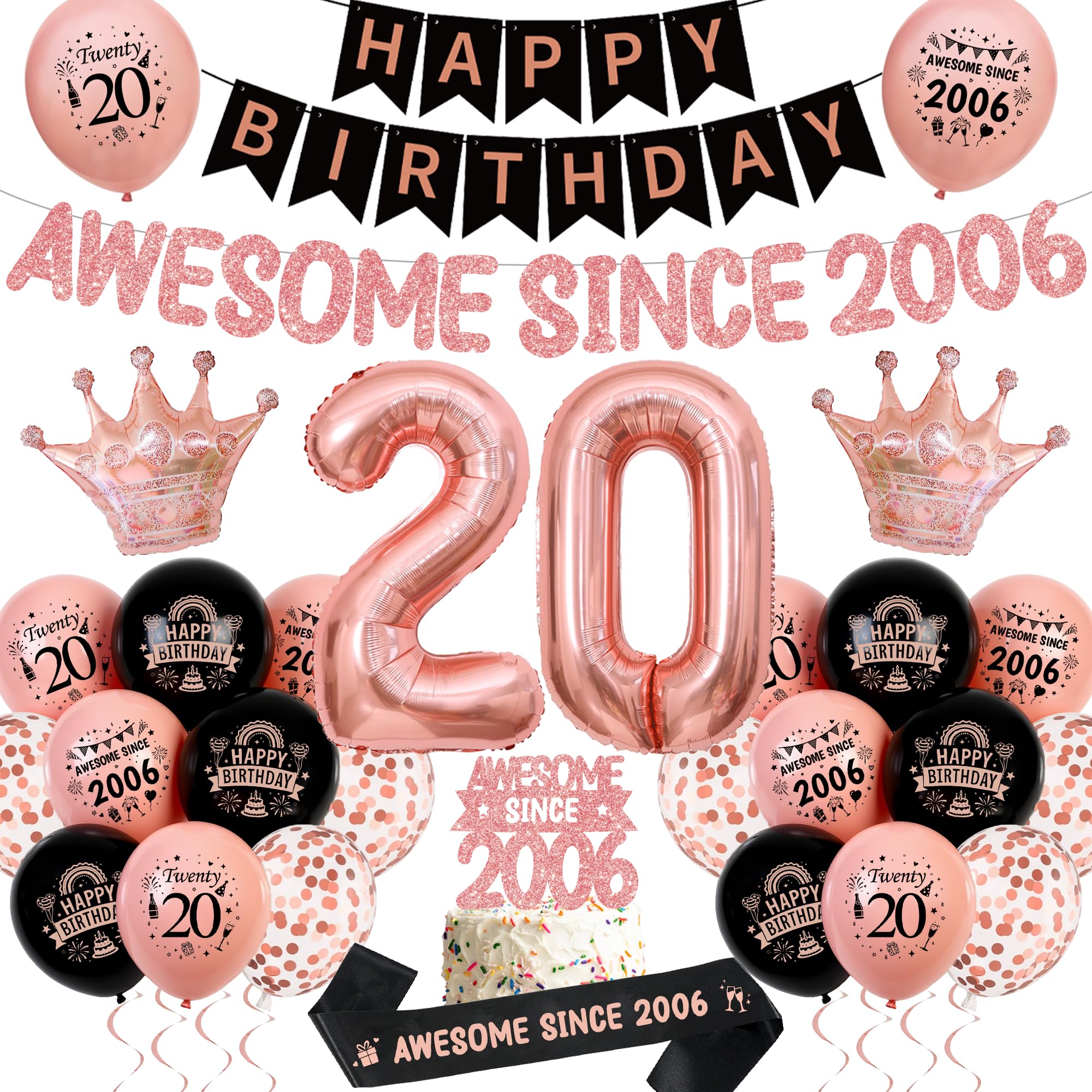20th Birthday Decorations for Women, Awesome Since 2006 Banner Balloons