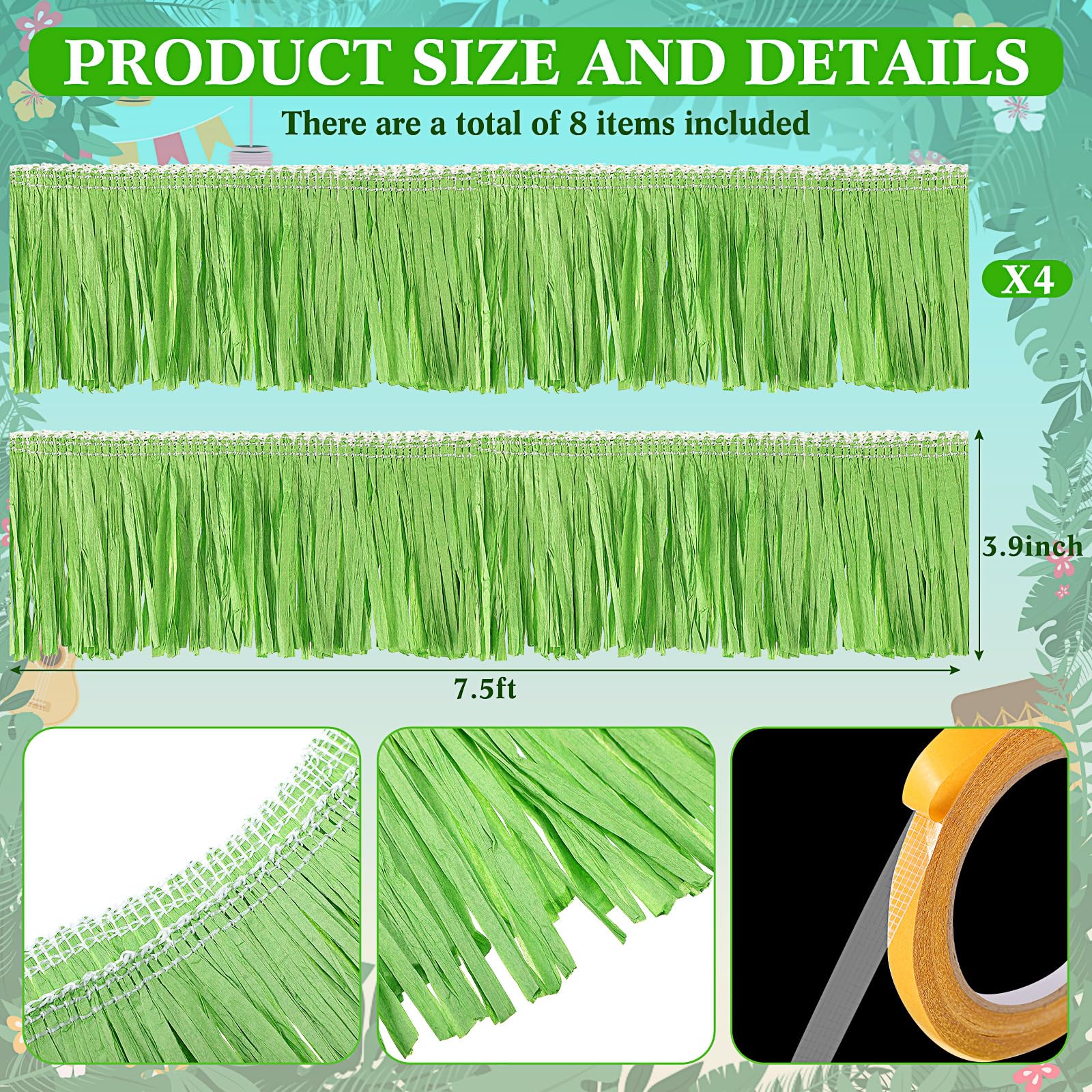 Daifunli Luau Grass Table Paper Skirt 3.9 x 30 ft Hawaiian Table Skirts for Decorating Gift Bags Cups Tropical Hawaiian Parties and Summer Beach Parties(Green, 30 Ft)