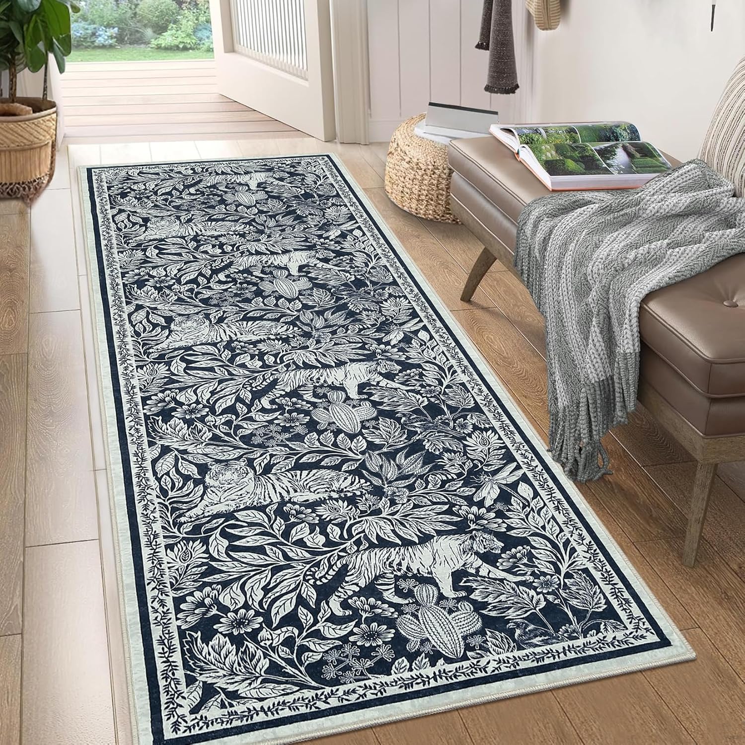 Garvee Washable Modern 2x6 Runner Rug Blue Hallway Runner Indoor Contemporary Throw Carpet Soft Floral Foldable Thin Mat with Tiger and Leaf Print Non Slip Accent Rug for Kitchen Laundry Bathroom