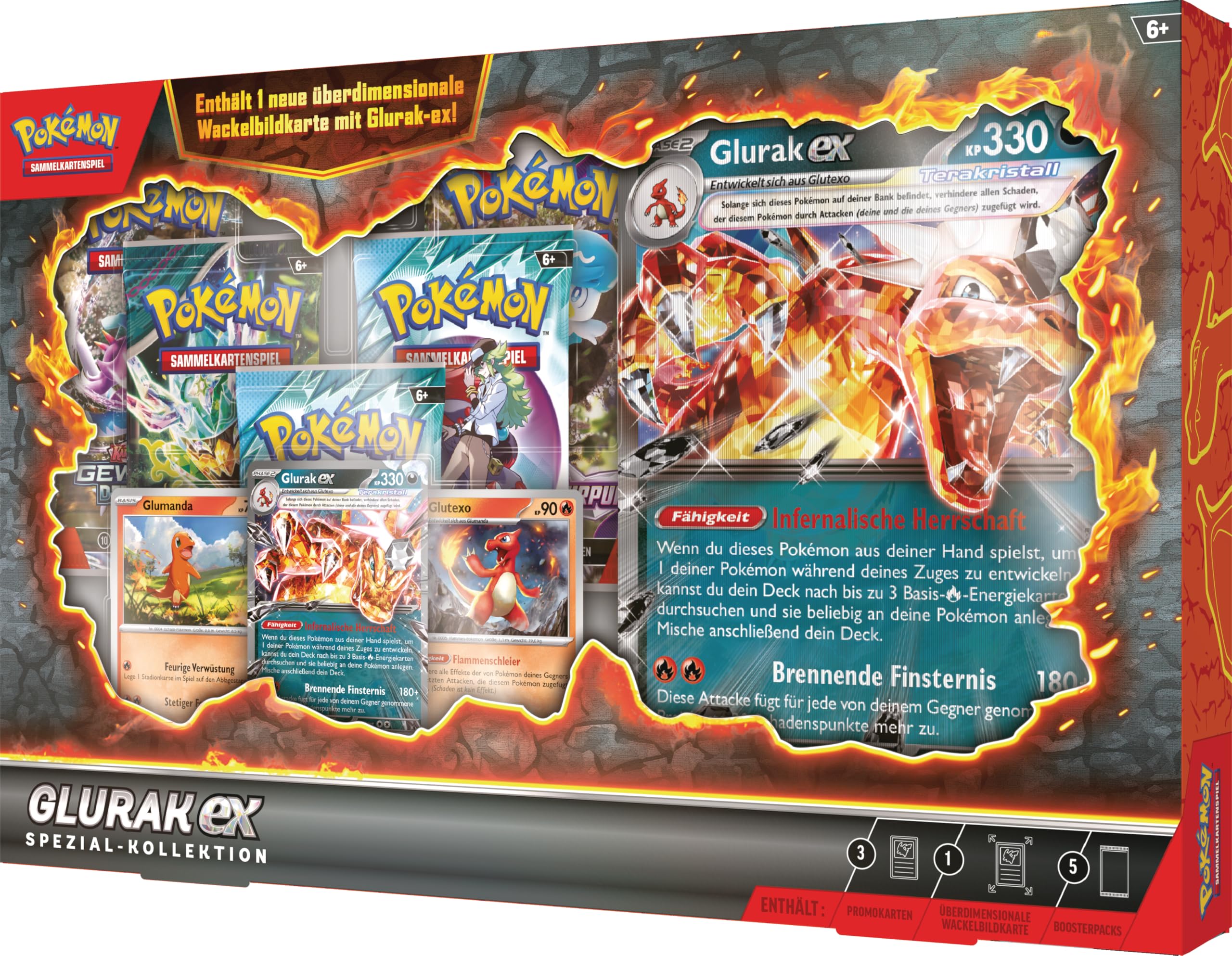 Pokémon-Sammelkartenspiel: Spezial-Kollektion Glurak-ex (1 holografische Promokarte, 2 holografische Karten, 1 überdimensionale Wackelbildkarte & 5 Boosterpacks)