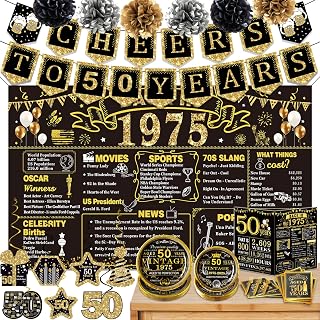 50th Birthday Decorations for Men Women, 106 PCS Back in 1975 Decorations, Vintage 50th Birthday Party Tableware Set for men,Backdrops,Card, banner, paper Poms,Hanging Swirl, Tableware for 24 Guests