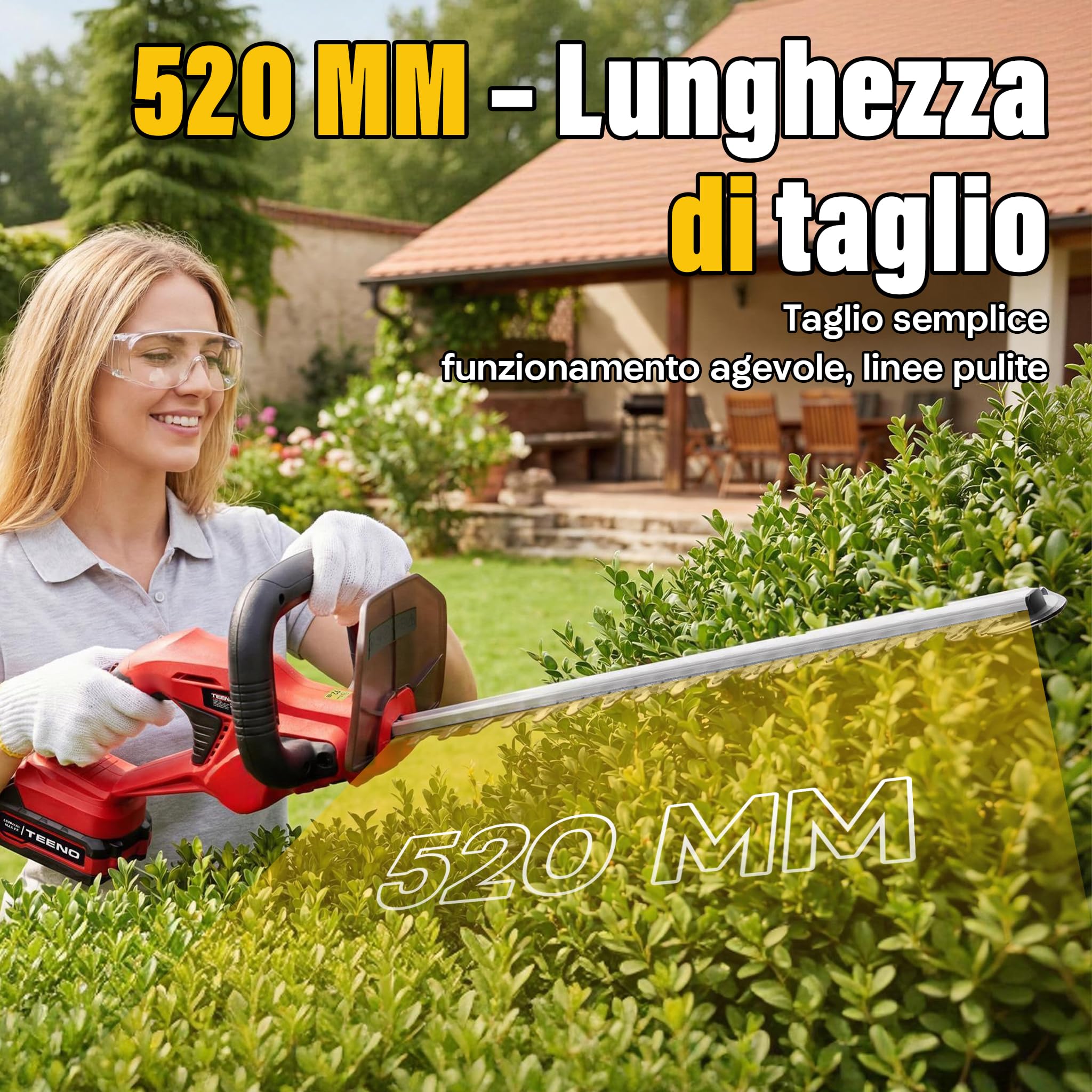 TEENO Tagliasiepi a Batteria 20 V: Tagliasiepi elettrico con 1 batteria 4000 mAh, lama 52 cm, taglio 16 mm, impugnatura girevole a 180°, per giardino, siepi, arbusti e cespugli