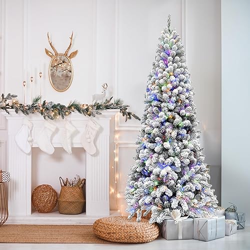 Miniatura 53 de Fraser Hill Farm Árbol de Navidad artificial flocado de pino de Alaska de 12 pies con luces LED blancas cálidas y soporte, árbol falso plegable