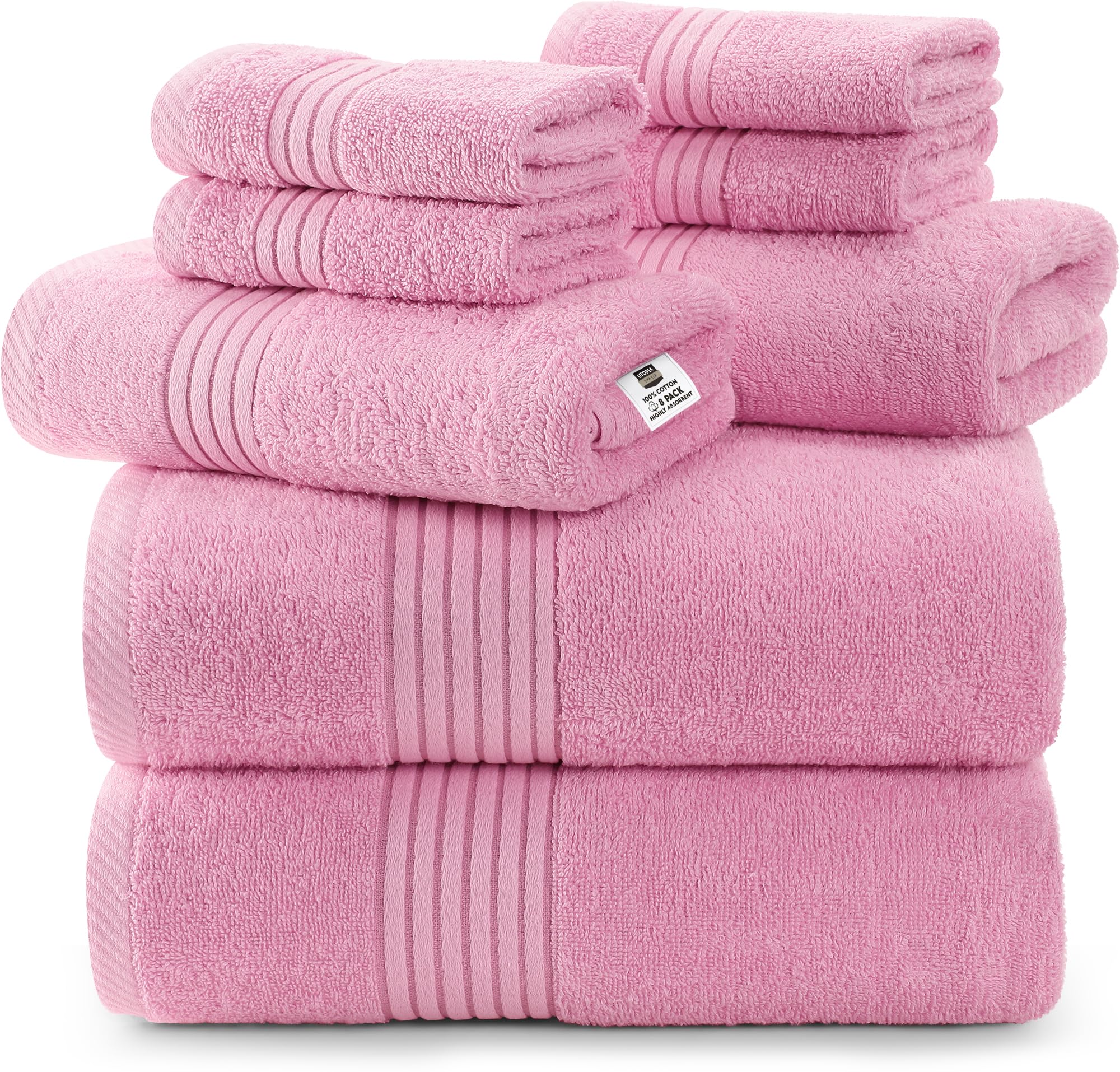 Utopia Towels 8-Piece Luxury Towel Set, 2 Bath Towels, 2 Hand Towels, and 4 Wash Cloths, 600 GSM 100% Ring Spun Cotton Highly Absorbent Towels for Bathroom, Sports, and Hotel (Pink)