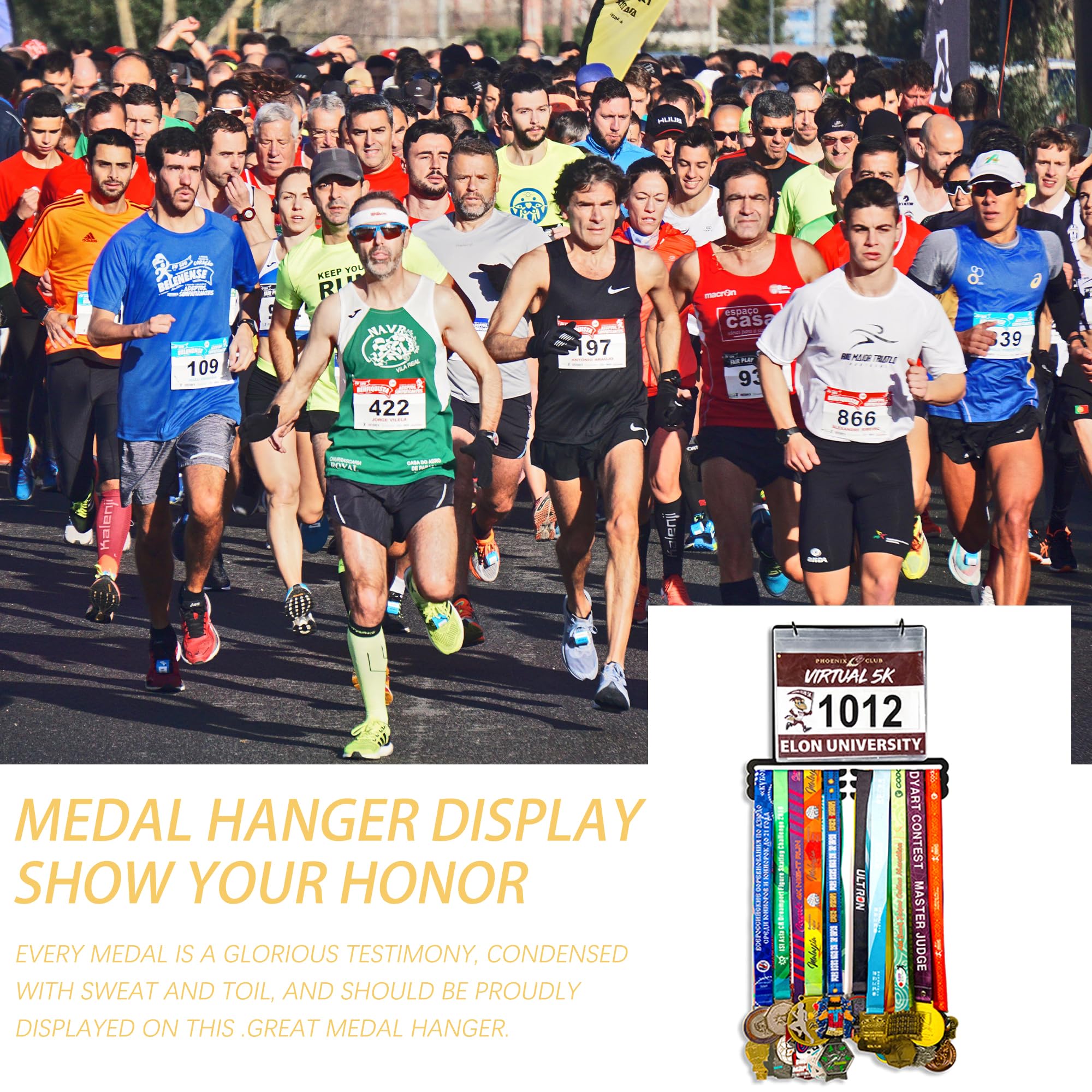 Ysislybin Medaillehouder, medaillehanger voor hardlopers, marathonmedaillehouder, wandhanger en raceslabbetje en fotohouder met krijtbordmarkering, geschikt voor hardloopliefhebbers