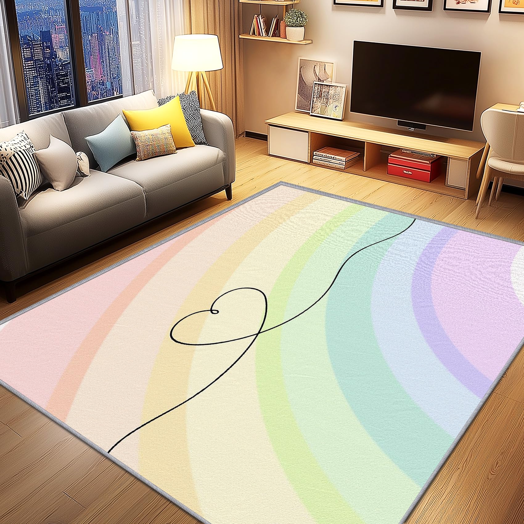 Regenbogen Deko, Bunt Teppich 100x150 Kurzflor, Teppich Wohnzimmer Herz, Weich rutschfest Waschbare Teppiche, Bettvorleger Schlafzimmer Kinderzimmer