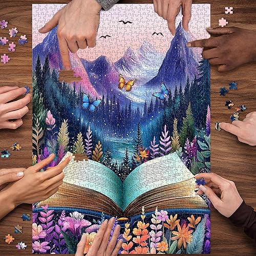 Miniatura 8 de Rompecabezas de libros coloridos para adultos, 1000 piezas, PICKFORU Impossible Nature Mountain Forest Puzzle Butterfly Bird, tema único de plantas