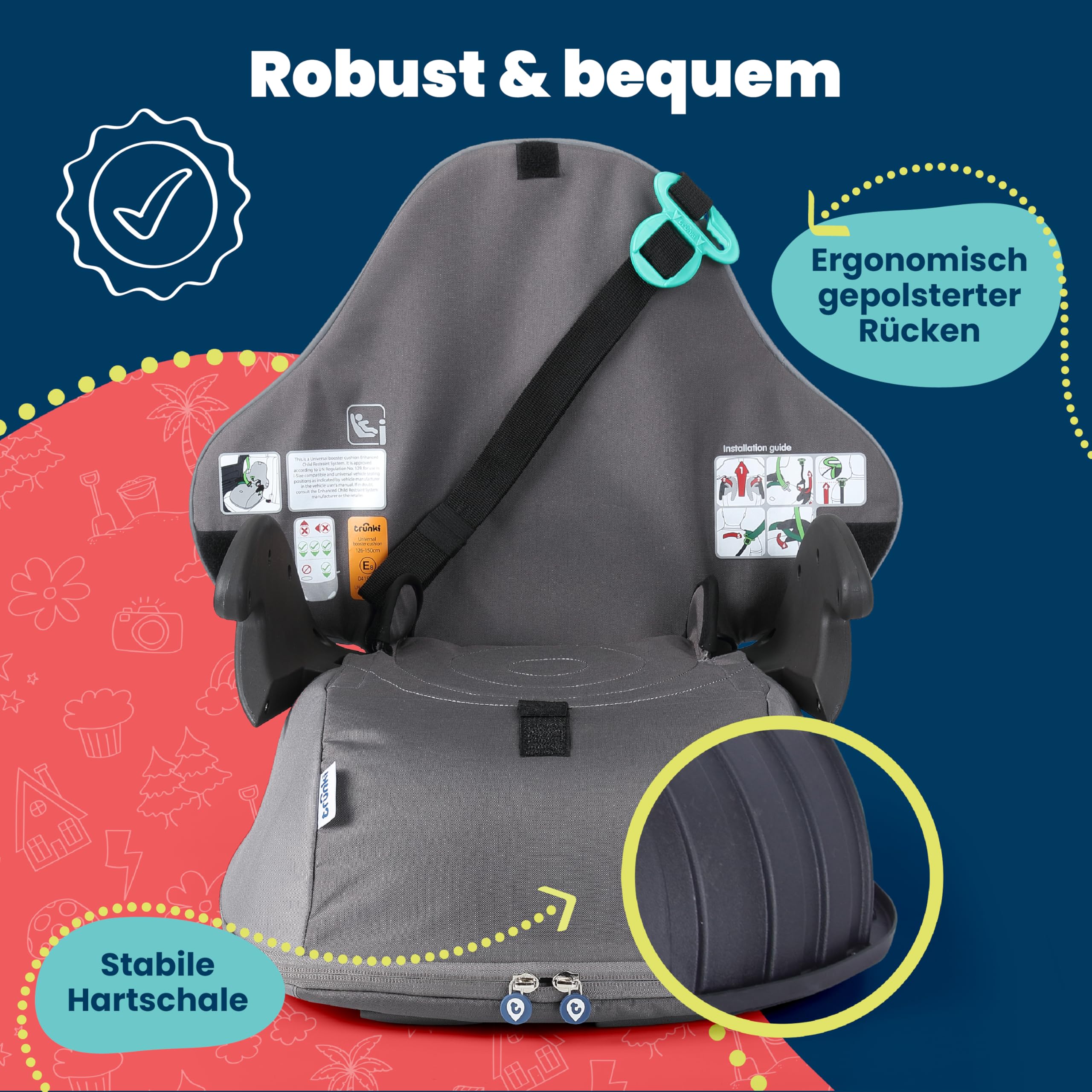 Trunki BoostApak 2-in-1 Kindersitz & Rucksack i-Size Kindersitzerhöhung 8-Liter Stauraum Handgepäck Kinderrucksack Sitzerhöhung Auto Grau