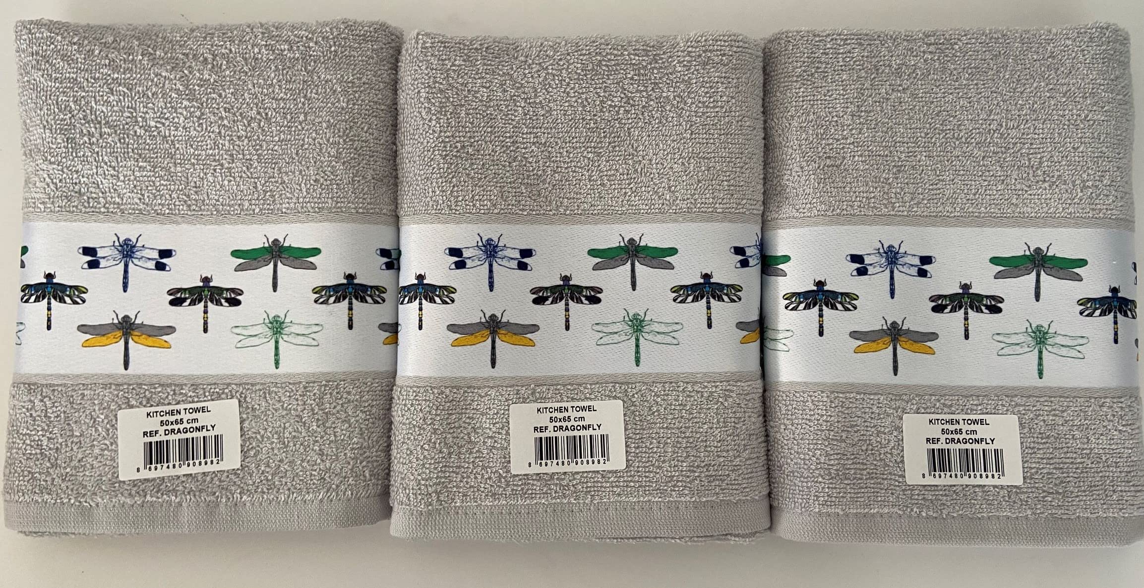 Jansons Direct Linens 100 Percent Cotton 3 Pack Dragonfly Design Kitchen Hand Tea Towels in Silver Grey, One Size 50cm x 65cm