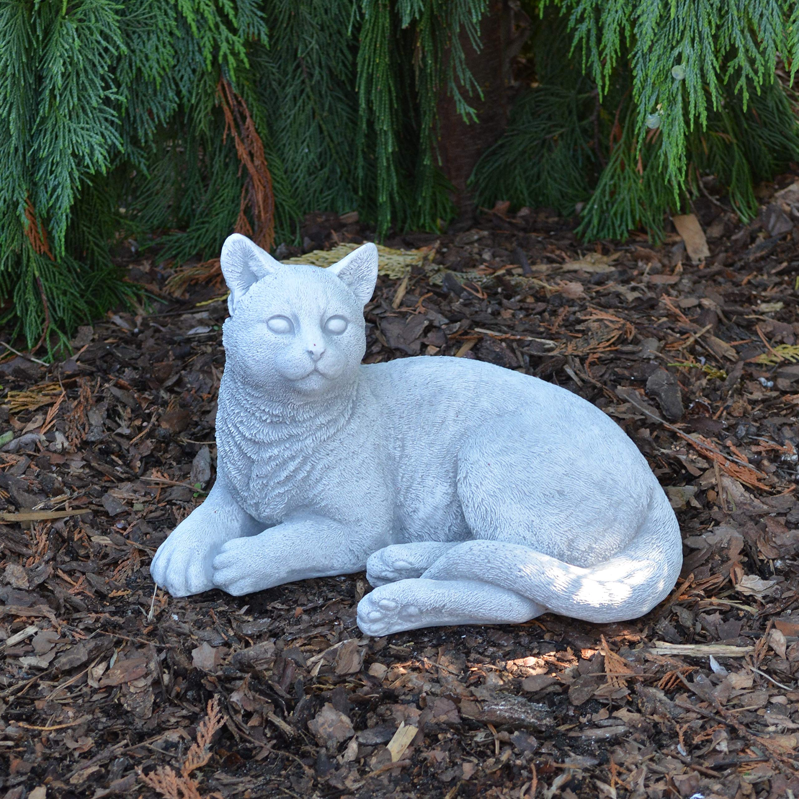 gartendekoparadies.de Liegende Katze, Steinfigur, H. 18 cm, 6 kg, Grau, frostsicher aus Steinguss für Außenbereich
