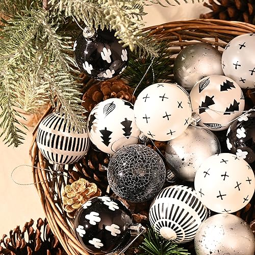 Miniatura 6 de DecorbyHannah - Adornos de Navidad en blanco y negro, 20 unidades, 2.36 pulgadas, adornos bohemios para decoración de árboles, bolas colgantes de