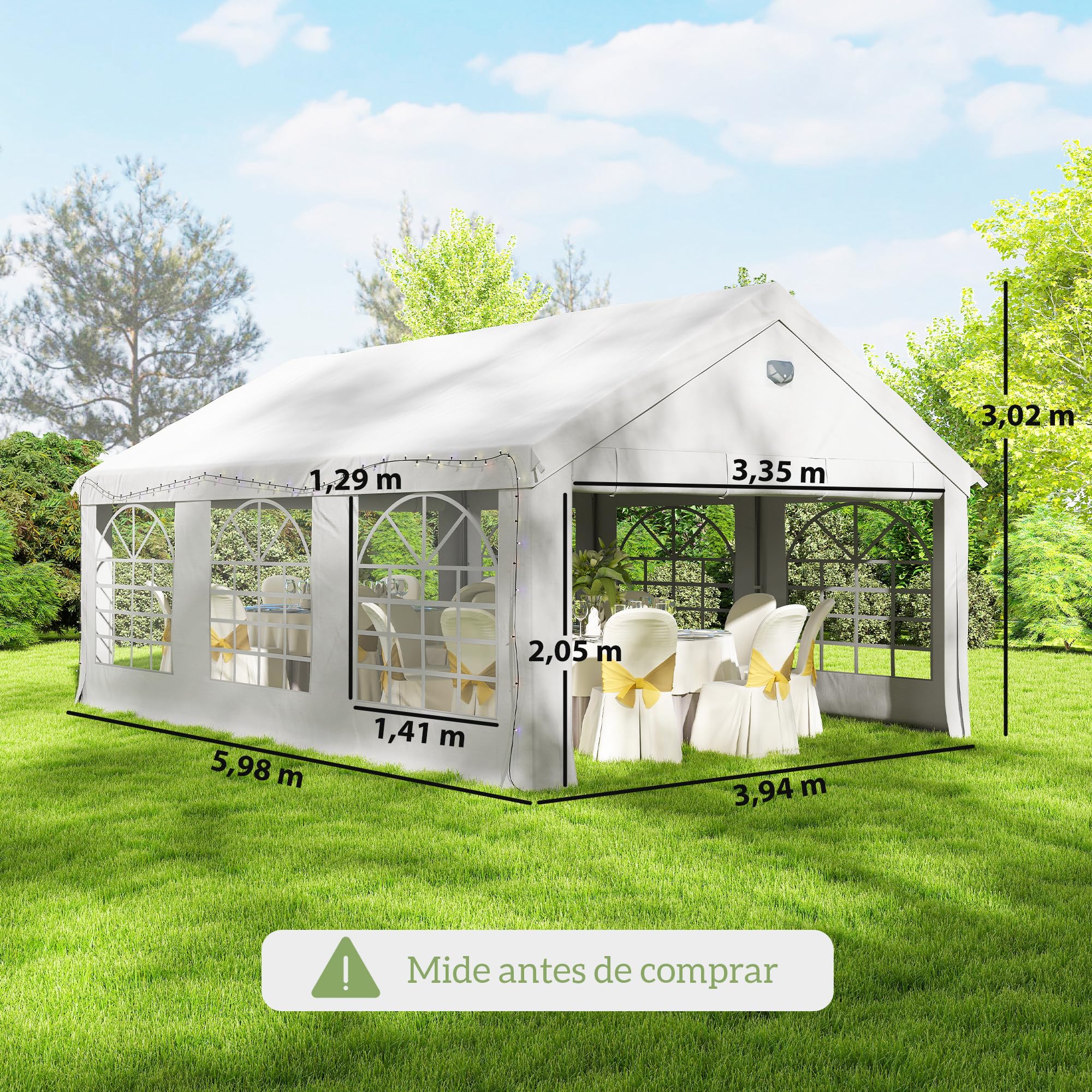 Outsunny Carpa para Fiesta 4x6 m con Luces LED, Tiras, Carpa de Jardín con Estructura Acero Galvanizado, Paredes Laterales Extraíbles, 2 Puertas con Cremallera, Ventanas, UPF30+, para Eventos, Blanco