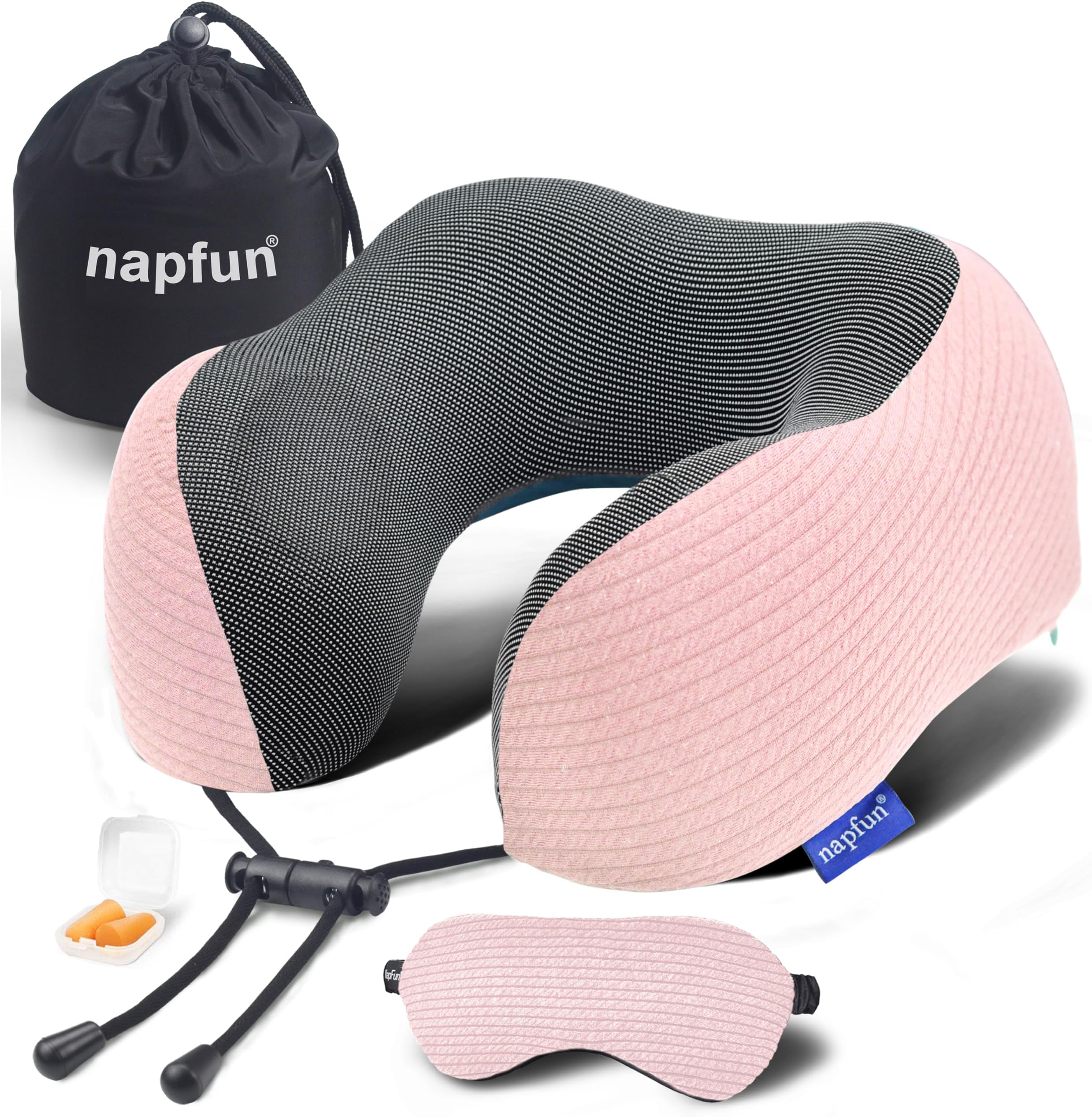- napfun Neck Pillow for Traveling, Upgraded Travel Neck Pillow for Airplane 100% Pure Memory Foam Travel Pillow for Flight Headrest Sleep, Portable Plane Accessories, Pink Striped Kit