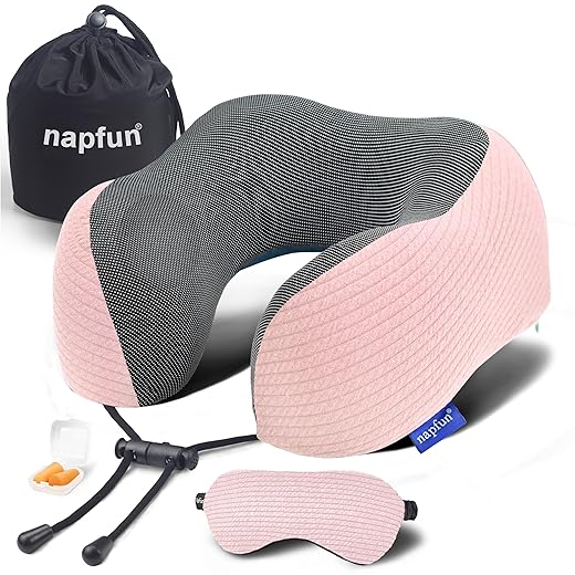 napfun Neck Pillow for Traveling, Upgraded Travel Neck Pillow for Airplane 100% Pure Memory Foam Travel Pillow for Flight Headrest Sleep, Portable Plane Accessories, Pink