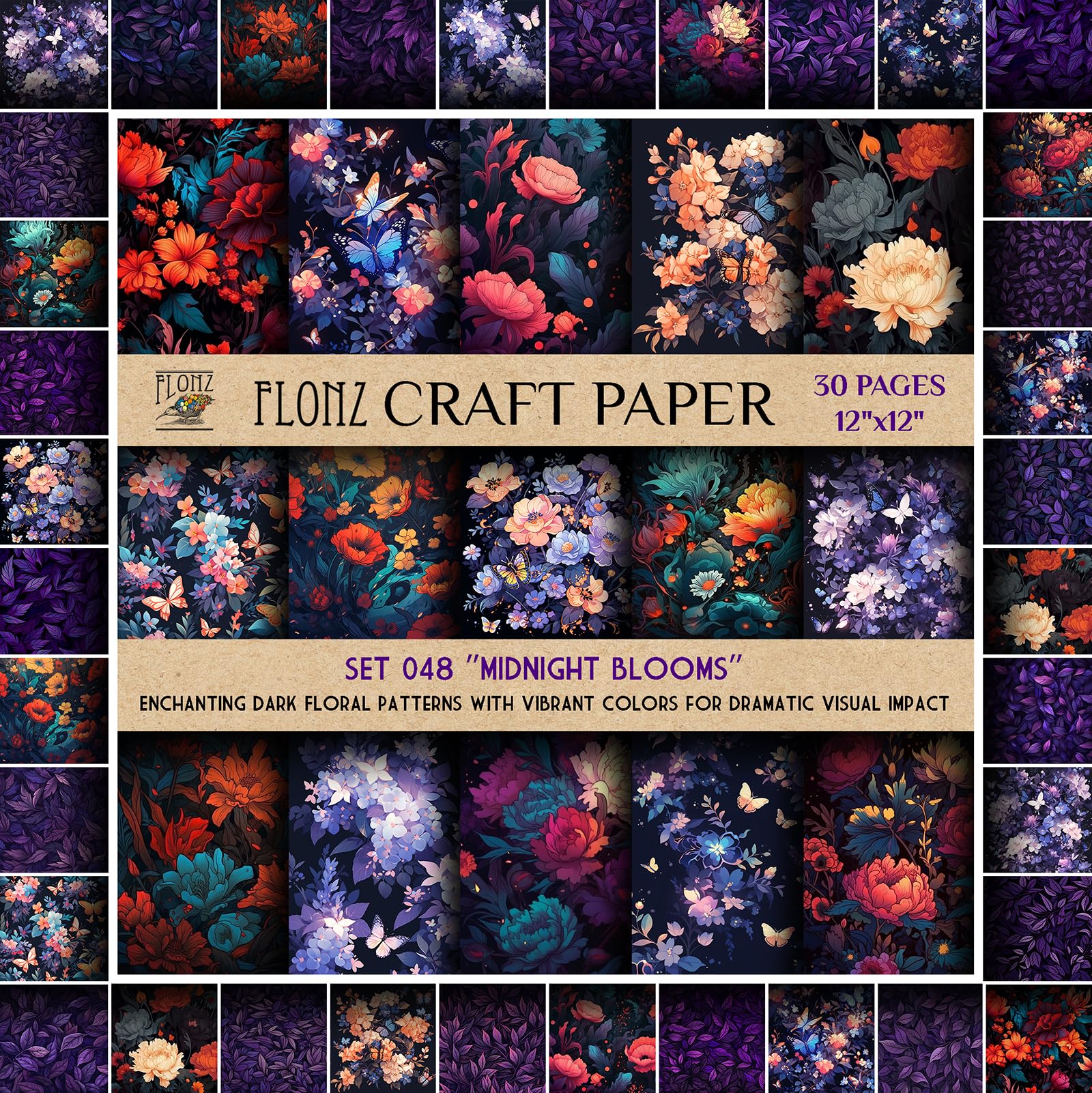 Scrapbook Paper (30 pages 12"x12") Midnight Blooms: Enchanting Dark Floral Patterns with Vibrant Colors for Dramatic Visual Impact FLONZ Vintage