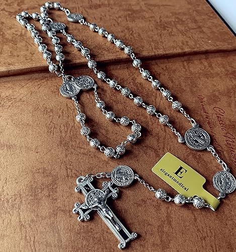 Miniatura 6 de elegantmedical Hecho a mano de plata rosa cuentas San Benito regalo rosario católico collar cruz Jerusalén