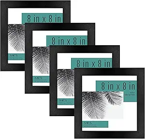 MCS Studio Gallery 8x8 Picture Frame Black Woodgrain, Wall Hanging & Easel for Tapletop Display, Square Photo Frame for Photos, Posters & Art Prints (4-Pack)