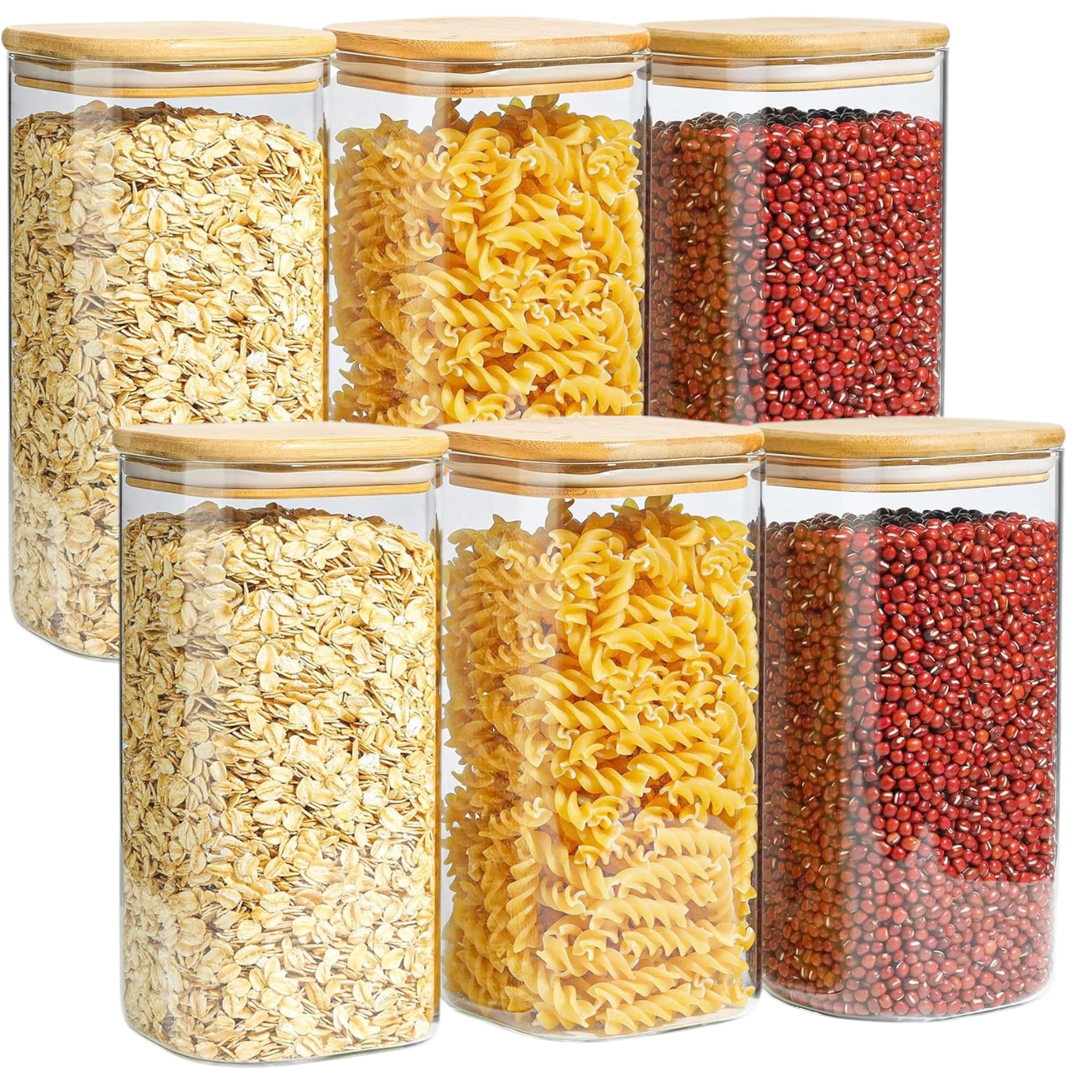 Jinelza 1580ML Square Glass Storage Canister with Lid Clear Food Storage Container Jar with Sealing Bamboo Lid for Pasta Flour Cereal Rice Sugar Tea Coffee Beans, Square Jar (6 PCS SET)
