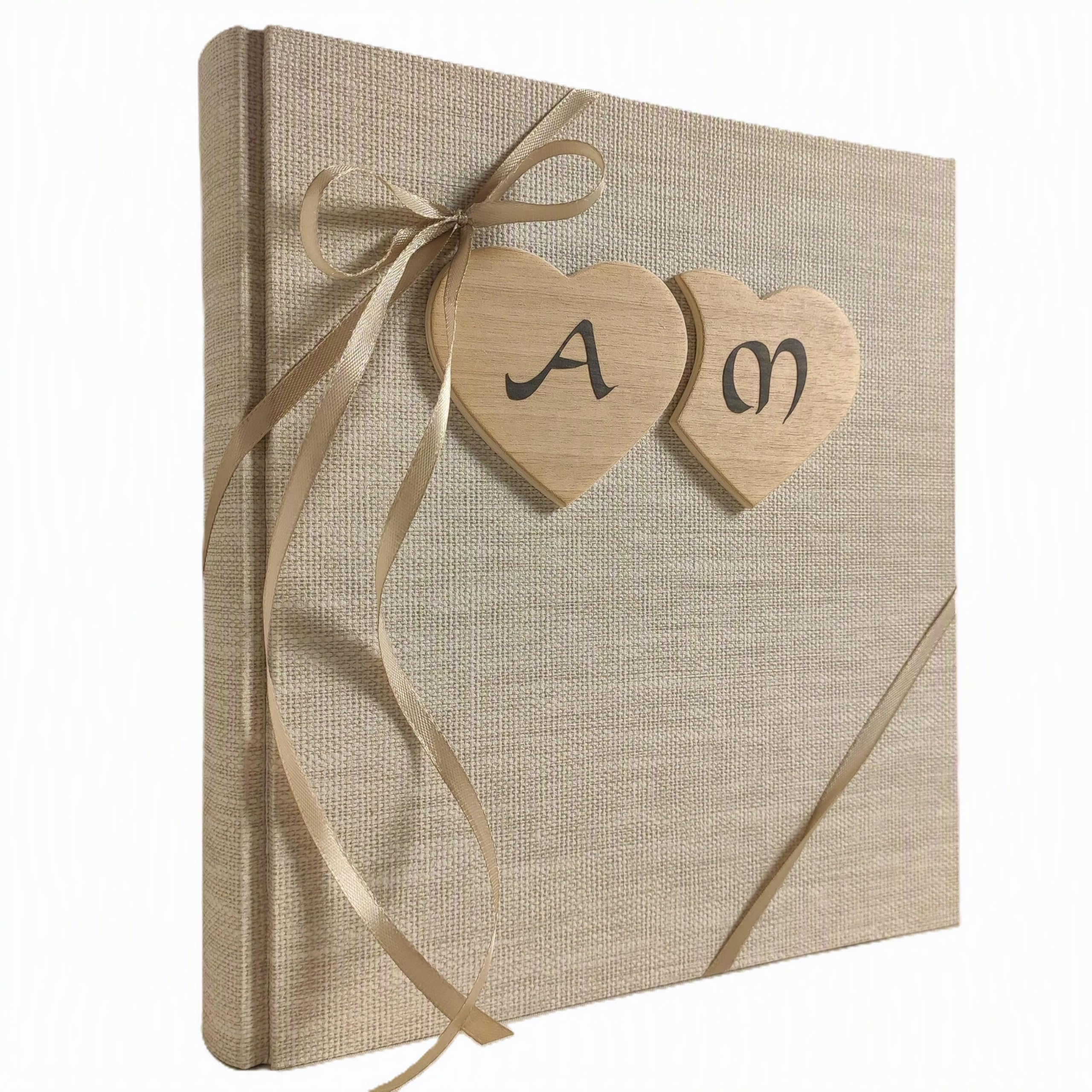 Album fotografico legnoegrafite innamorati in tela di lino + cuori legno e iniziali personalizzabili wedding, nozze, matrimonio, san valentino, anniversario fidanzati