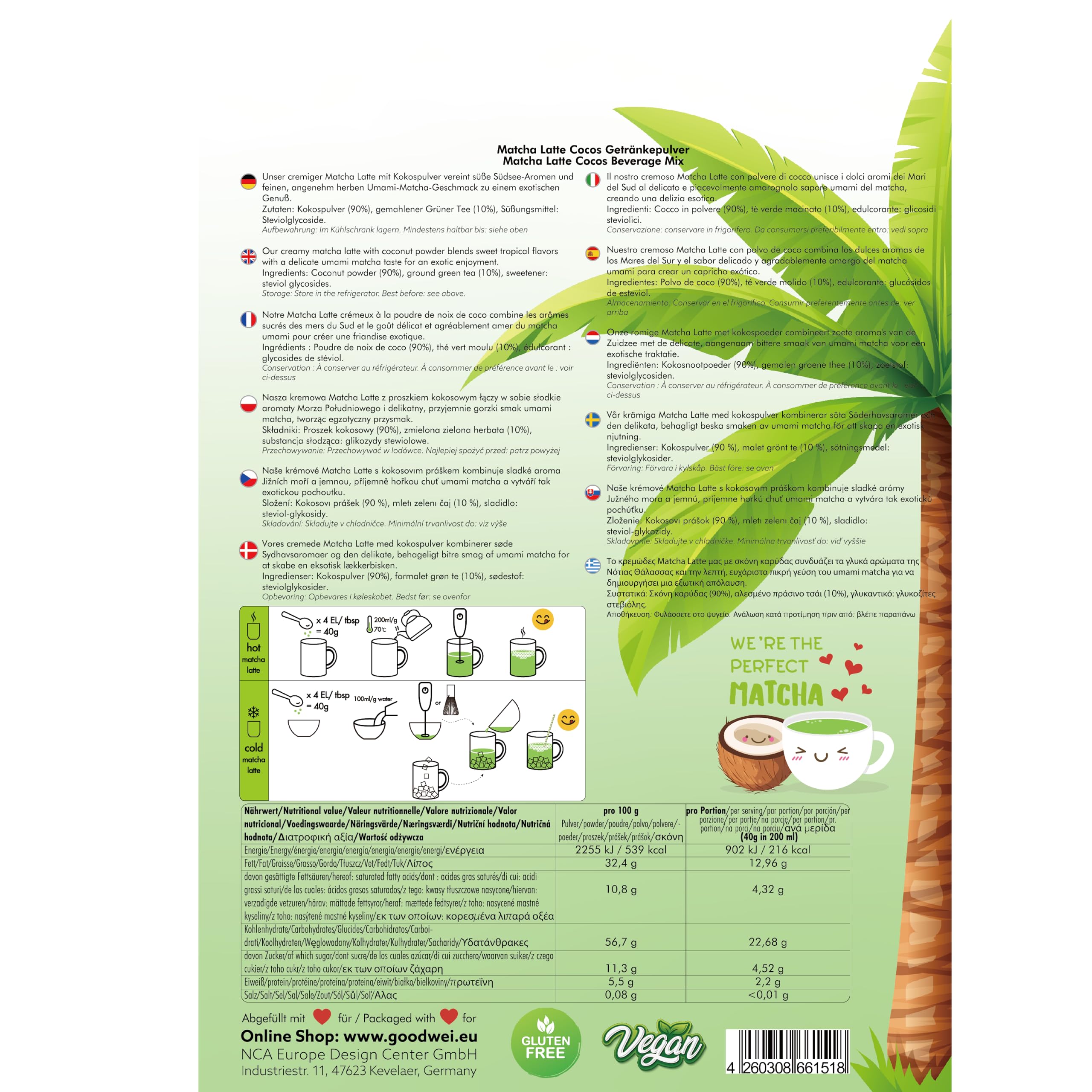 Matcha Coco Latte Mix | Matcha & Cocco | Leggermente dolcificato con stevia (0,1%) | Senza latte né additivi | Dosaggio libero & preparazione con acqua (800g)