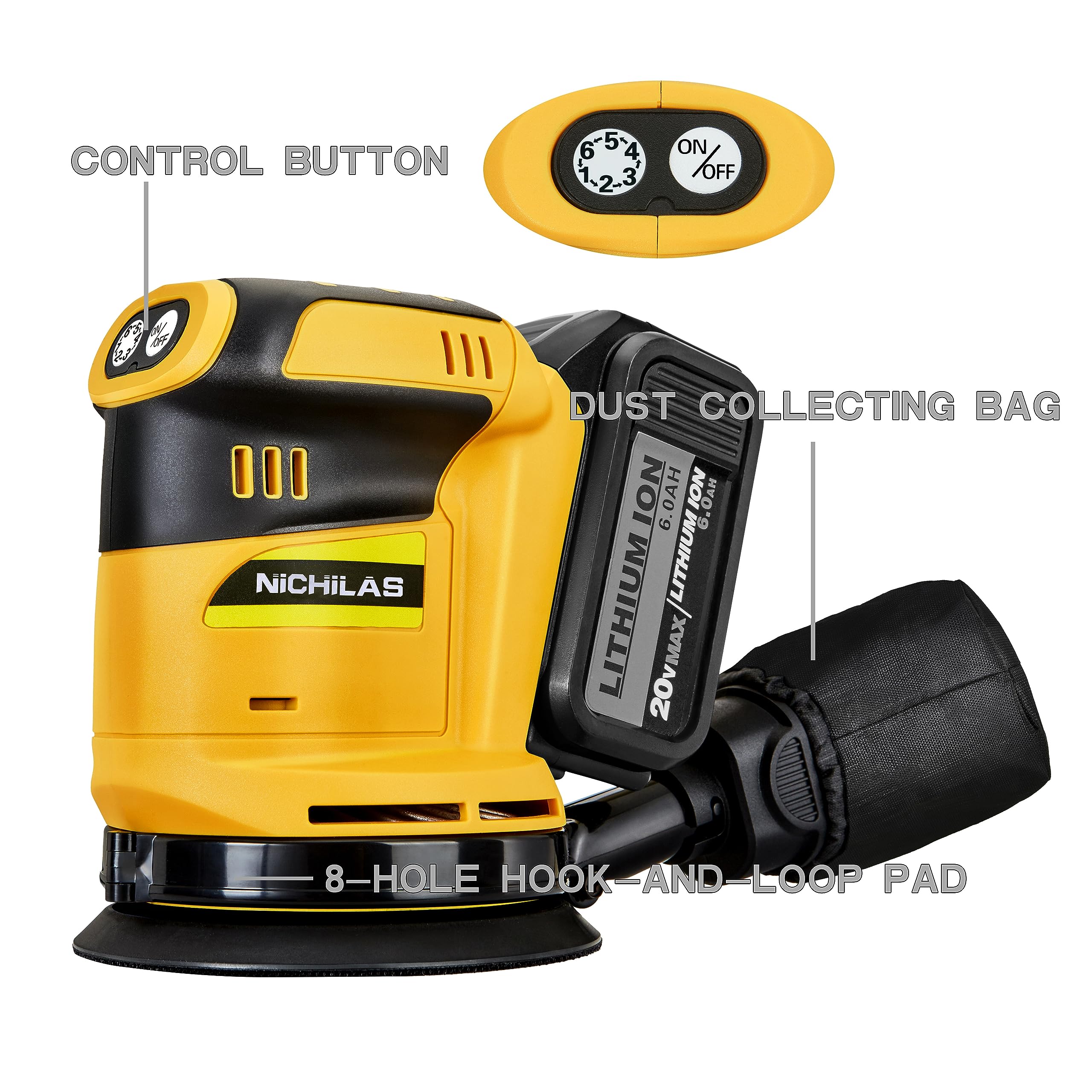 Random Orbital Sander Cordless Brushless Motor 6 Speeds Max 13500RPM, 5â€? Electric Sander with Dust Collector for Dewalt Battery, (Battery Not Included)