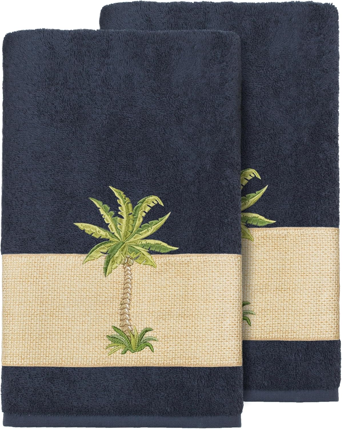 Utopia 2-Piece Bath Towel Set: Premium Turkish Cotton, Embellished Palm Design, Ultra Absorbent, 2 Bath Towels, Midnight Blue