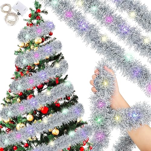 Giegxin Guirnalda de oropel de Navidad de 32.8 pies, guirnalda iluminada, decoración de árbol de Navidad con luz LED, punta de escarcha, serpentinas