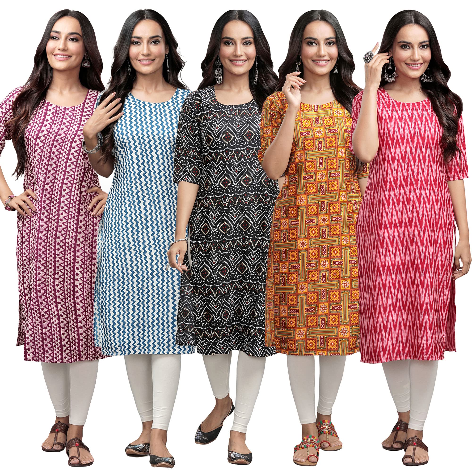 Pinkmint Women's Crepe Digital Print Straight Kurta (347-331-373-333-328-M) [Pack Of 5]