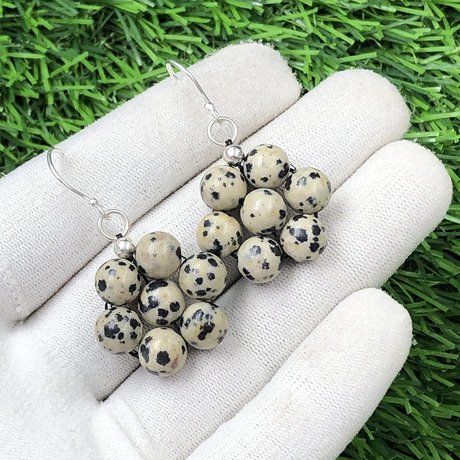 Dalmatian Jasper Gemstone 8mm Round Beaded 925 Sterling Silver Jewelry Earring, Stylish Earring For Her, Fine Jewelry, Drop & Dangle Earring, Sterling Silver, dalmatian jasper