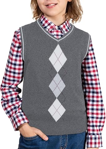 BOBOYOYO Boys Argyle Sweater Vest 100% Cotton V-Neck Vest Kids Uniform Sleeveless Sweaters for Children 5-12Y