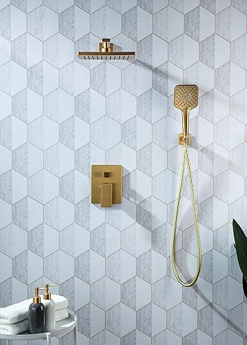 Miniatura 6 de Sistema de ducha de oro cepillado que incluye cabezal de ducha de lluvia cuadrado de 10 pulgadas, rociador de ducha de mano, desviador de ducha