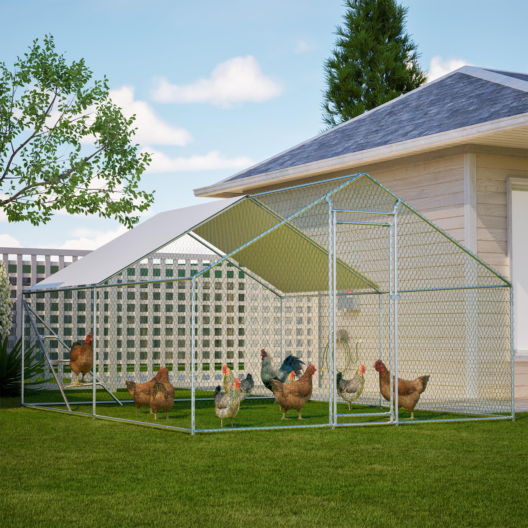 Aviario metálico de 3x4 m con Estructura de Escalada integrada, Techo y Cerradura de Seguridad. Gallinero Resistente a la Intemperie con un Amplio Corral para Animales pequeños y Aves de Corral.
