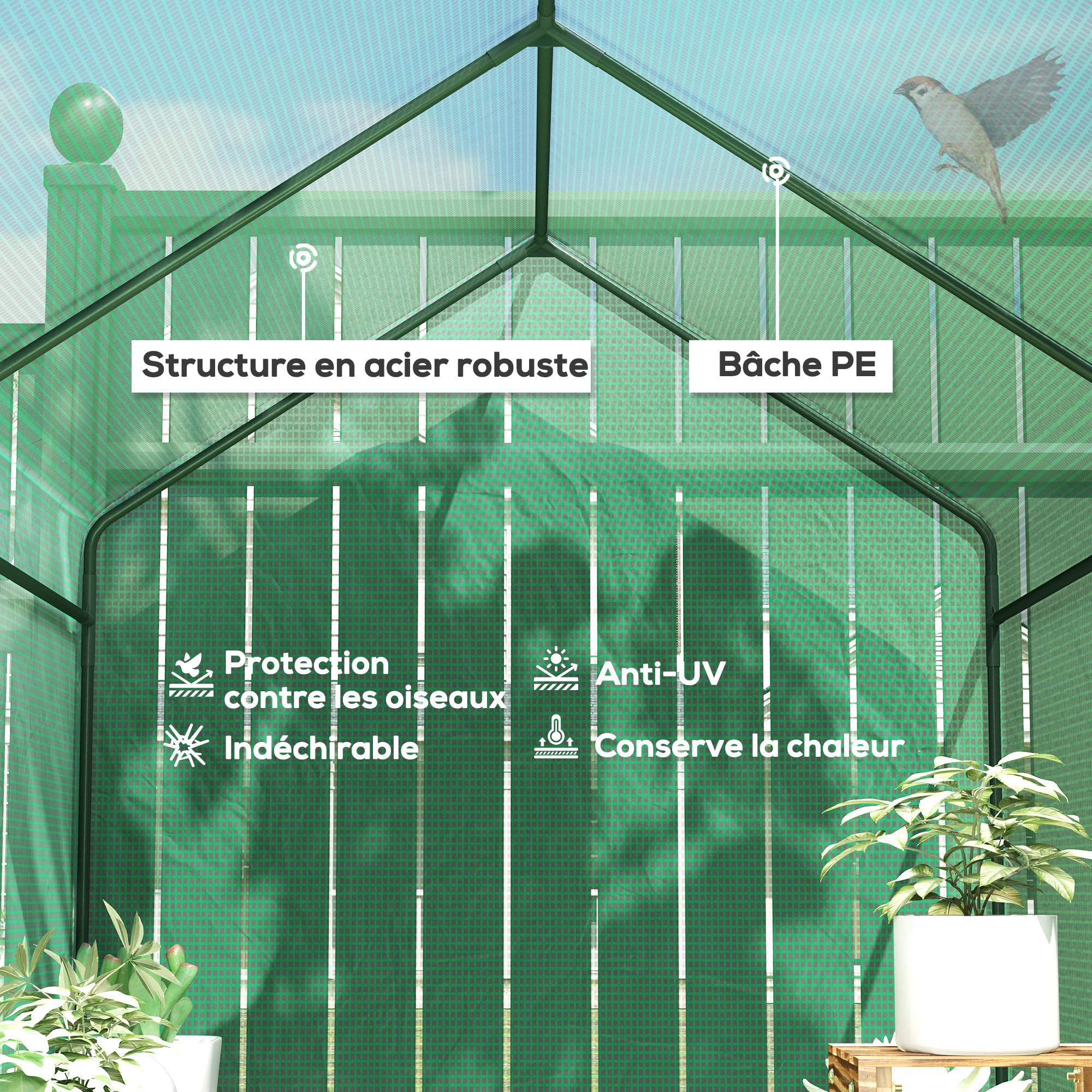 Outsunny Szklarnia ogrodowa PE z 2-poziomową półką, szklarnia balkonowa, wzmocniona plandeka 140 g/m², stalowa rama, zwijany zamek błyskawiczny, do warzyw i kwiatów, 186 x 120 x 190 cm, zielona