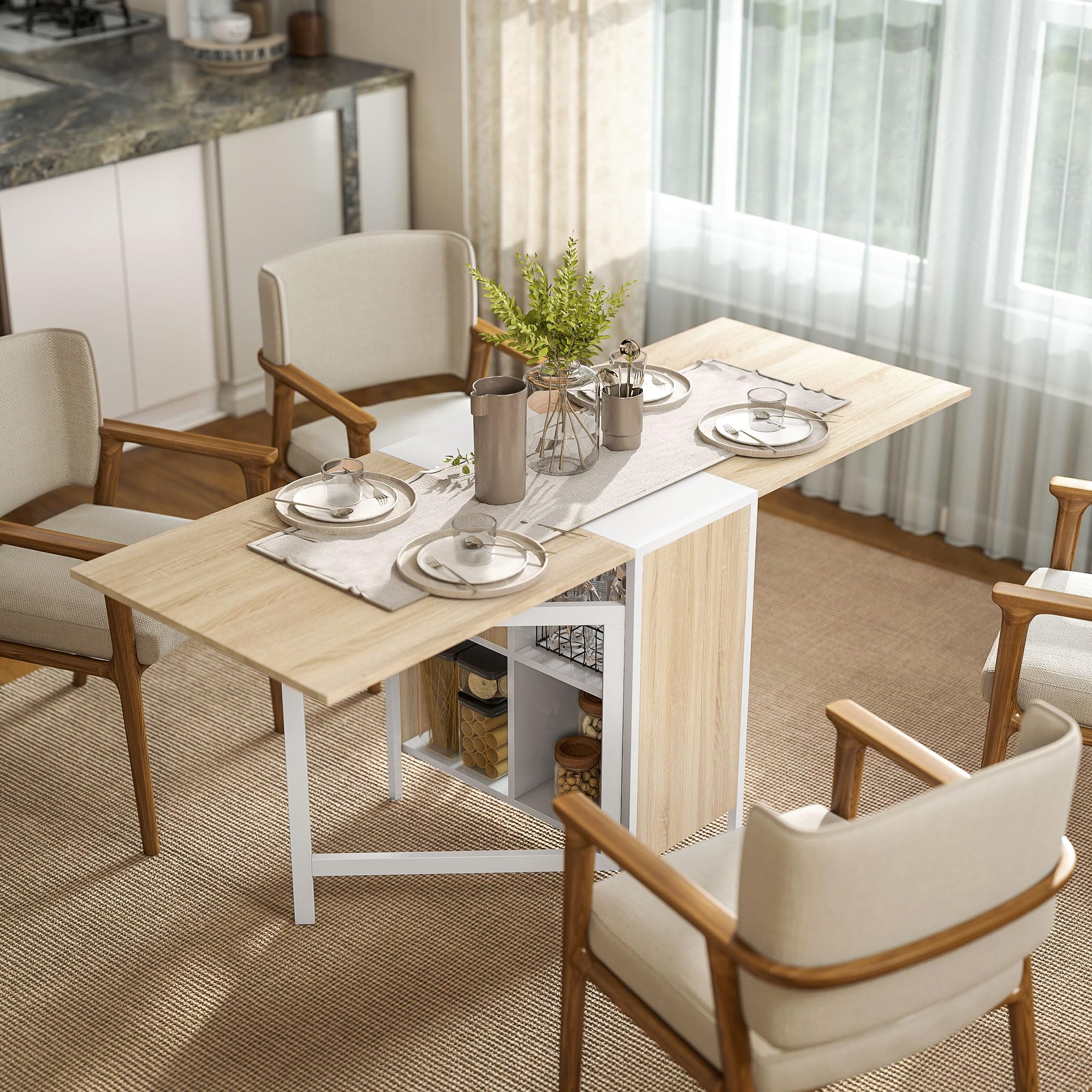 HOMCOM Table Pliable de Cuisine pour 4 per. 169x62x75cm Blanc Chêne Clair | Table à Manger, 4 Niches Intégrées, pour Petit Espace, MDF, Acier, Meubles de Cuisine