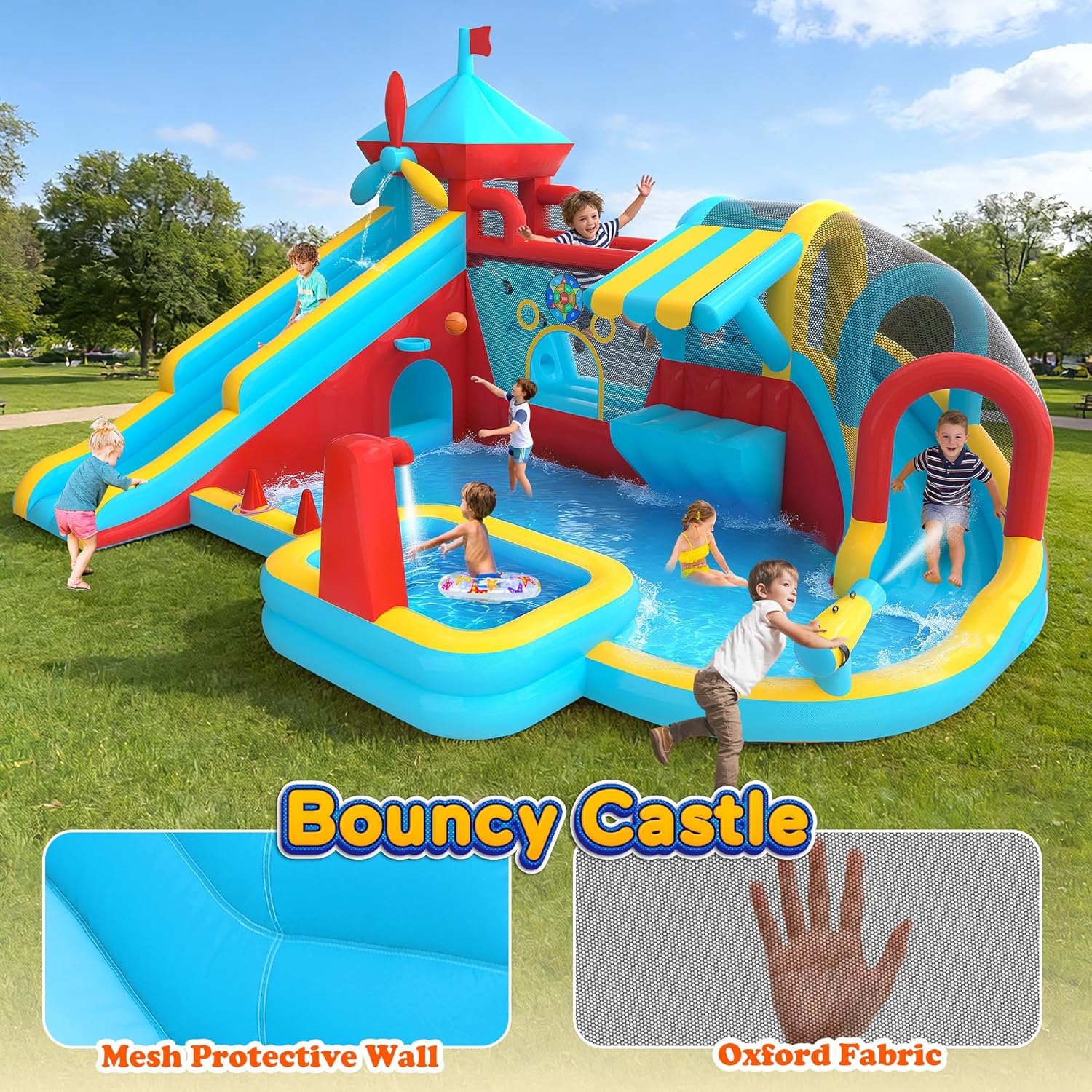 Inflatable Bounce House with Double Slide, Water Slide with Jumping Area, 10 in 1 Large Bounce Castle, Splash Pool, Climbing Wall, Toy Stand, Water Cannon, Basketball, Tunnel, Outdoor, Indoor, Blue