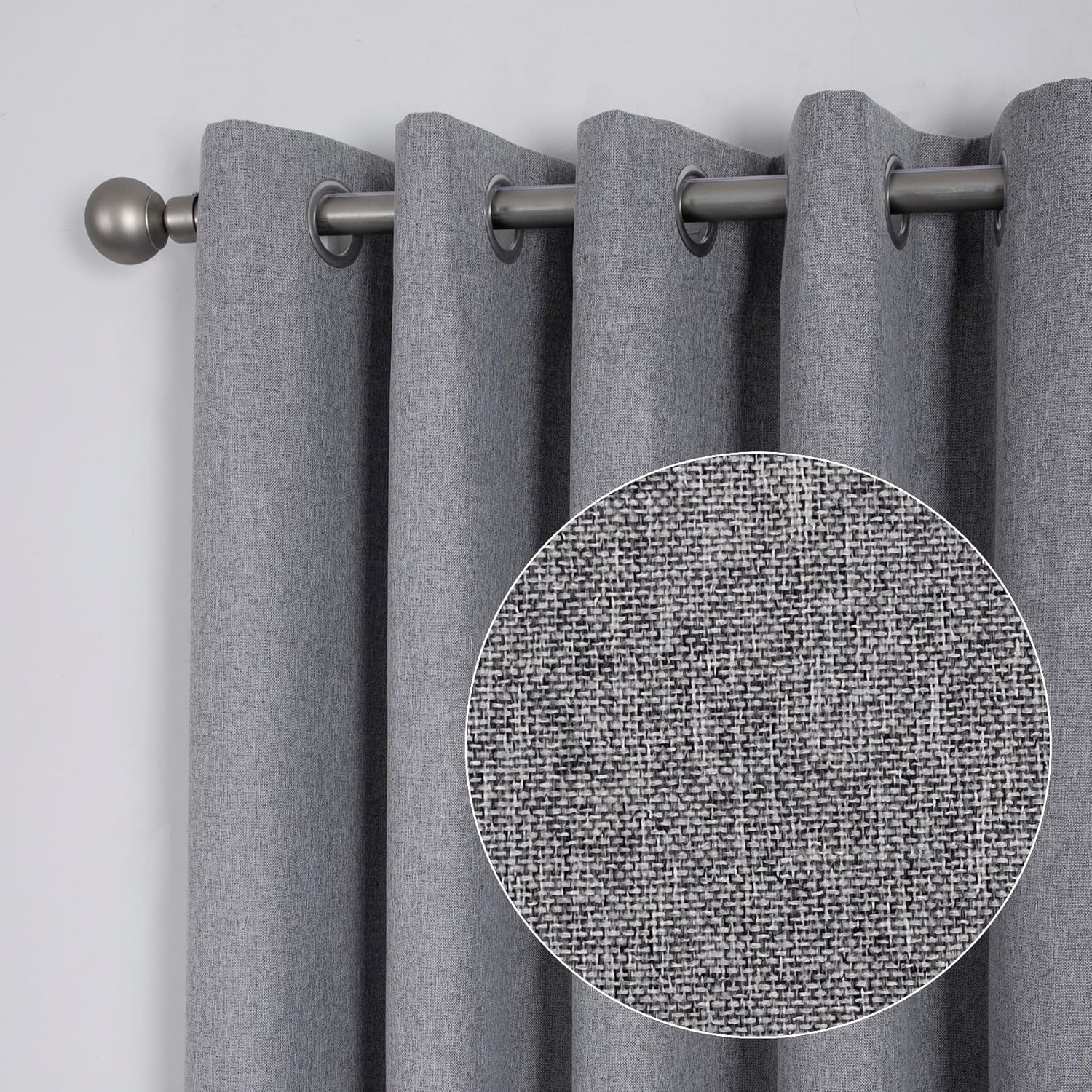 always4u 100% Blackout Linen Textured Curtains 84 inch Long Burlap Casual Weave Grommet Window Treatment for Living Room Bedroom 2 Panels Grey