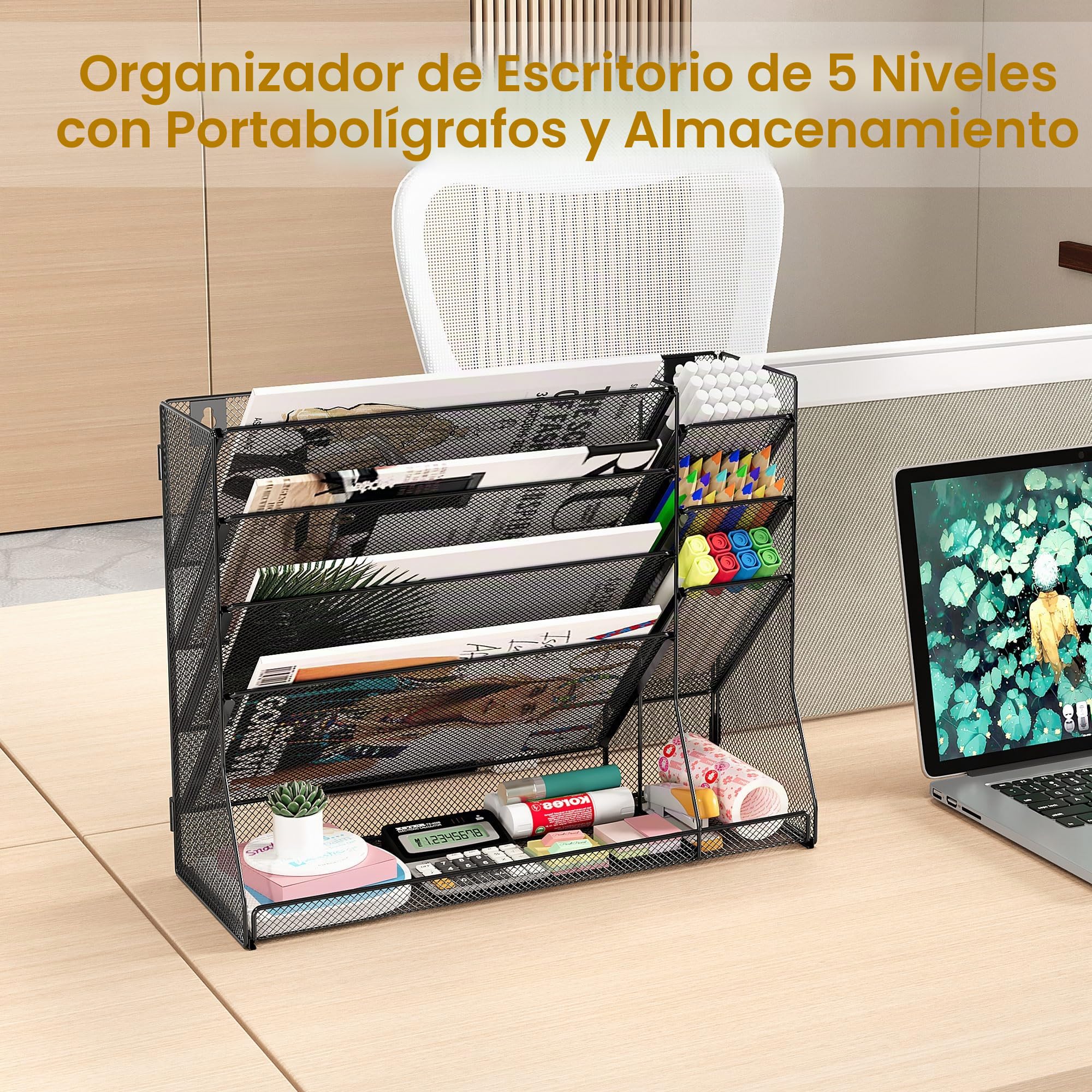 TQVAI 5 Compartimentos Malla Metálica Revistero Pared, de 3 compartimentos Portalapices, Documentos Organizador Papeles A4 Colgante Oficina Archivador de Organizador Herramientas Pared, Negro