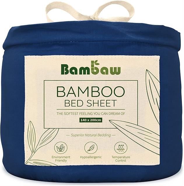 Navy Fitted Sheet Double | Bamboo Fitted Sheets | Anti Allergy Bedding | Bed Sheet Small Double | Luxury Hotel Bedding | Extra Deep Fitted Sheets | Cool Sheet | Natural Bedding | 140x200 | Bambaw