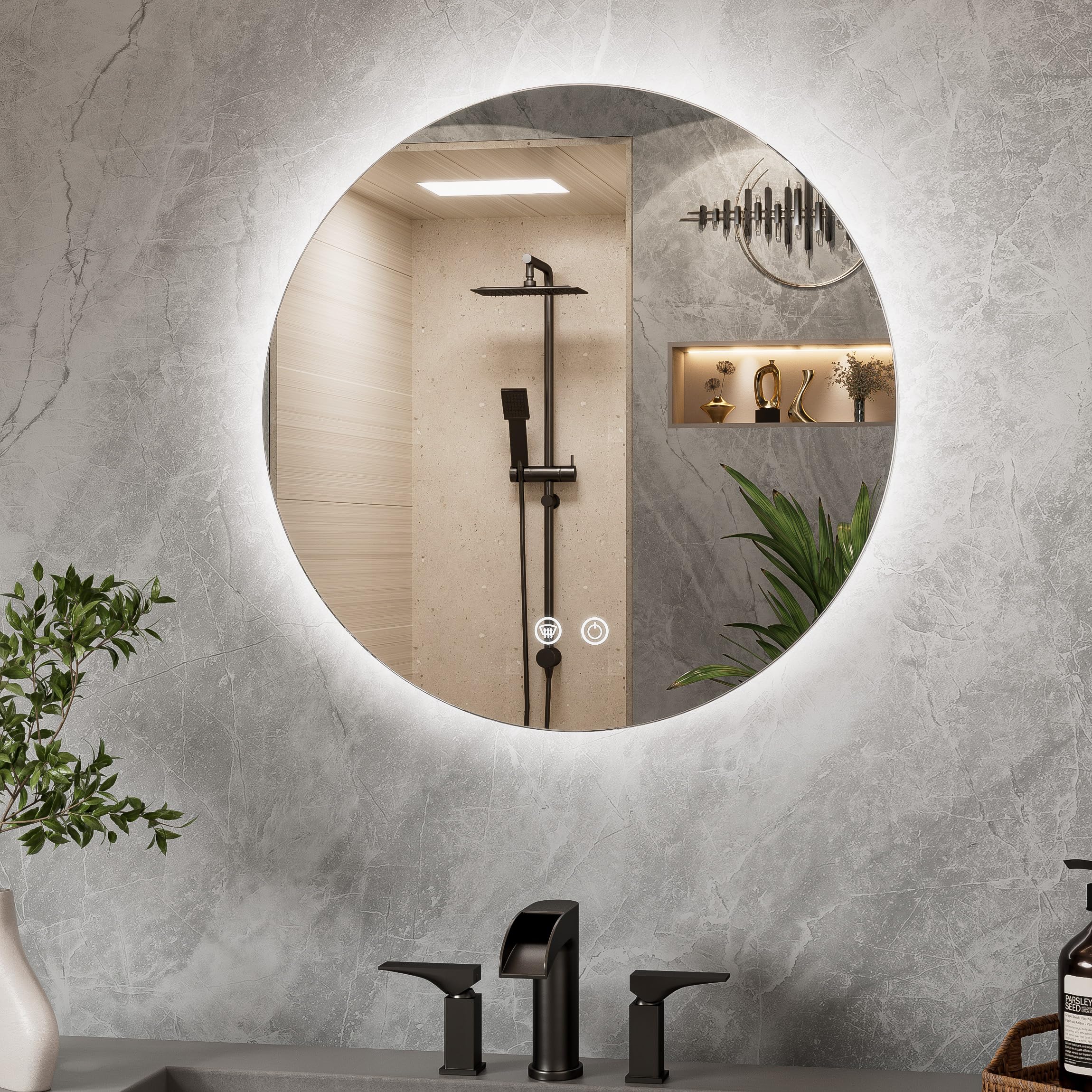 TETOTE 50cm Round Bathroom Mirror with LED Light, Illuminated Vanity Mirror with Backlit Light, Multifunction Smart Bathroom Mirror, Anti-Fog Wall Mounted Mirror, 3 Colors Dimmable, Memory Function