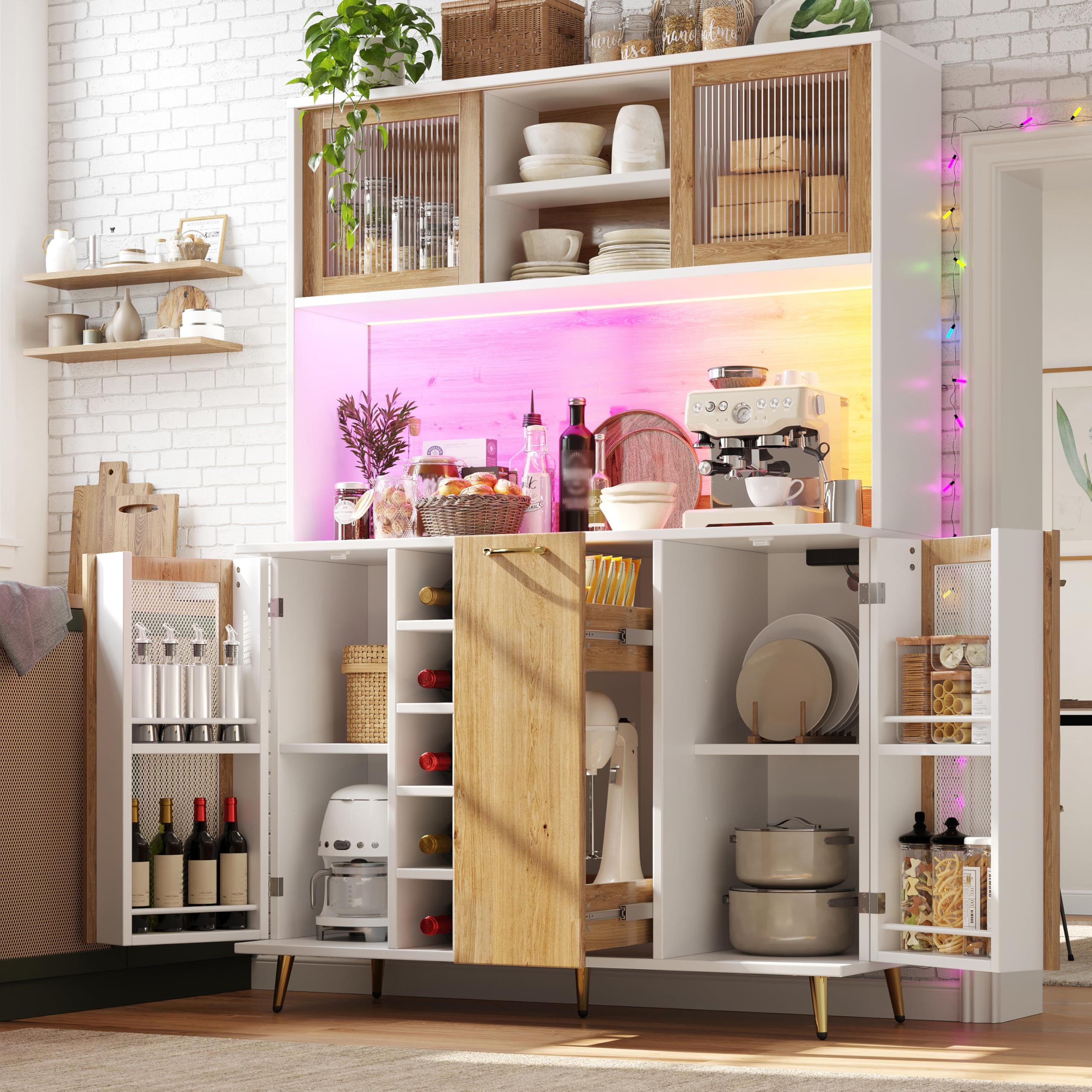 Multifunktions-Küchenschrank mit LED-Beleuchtung und Integrierte Steckdose, Hochschrank mit Weinregal und Snackregal, Buffetschrank mit 5 Türen und Offene Regale, Weiß-C, 120x40x170 cm