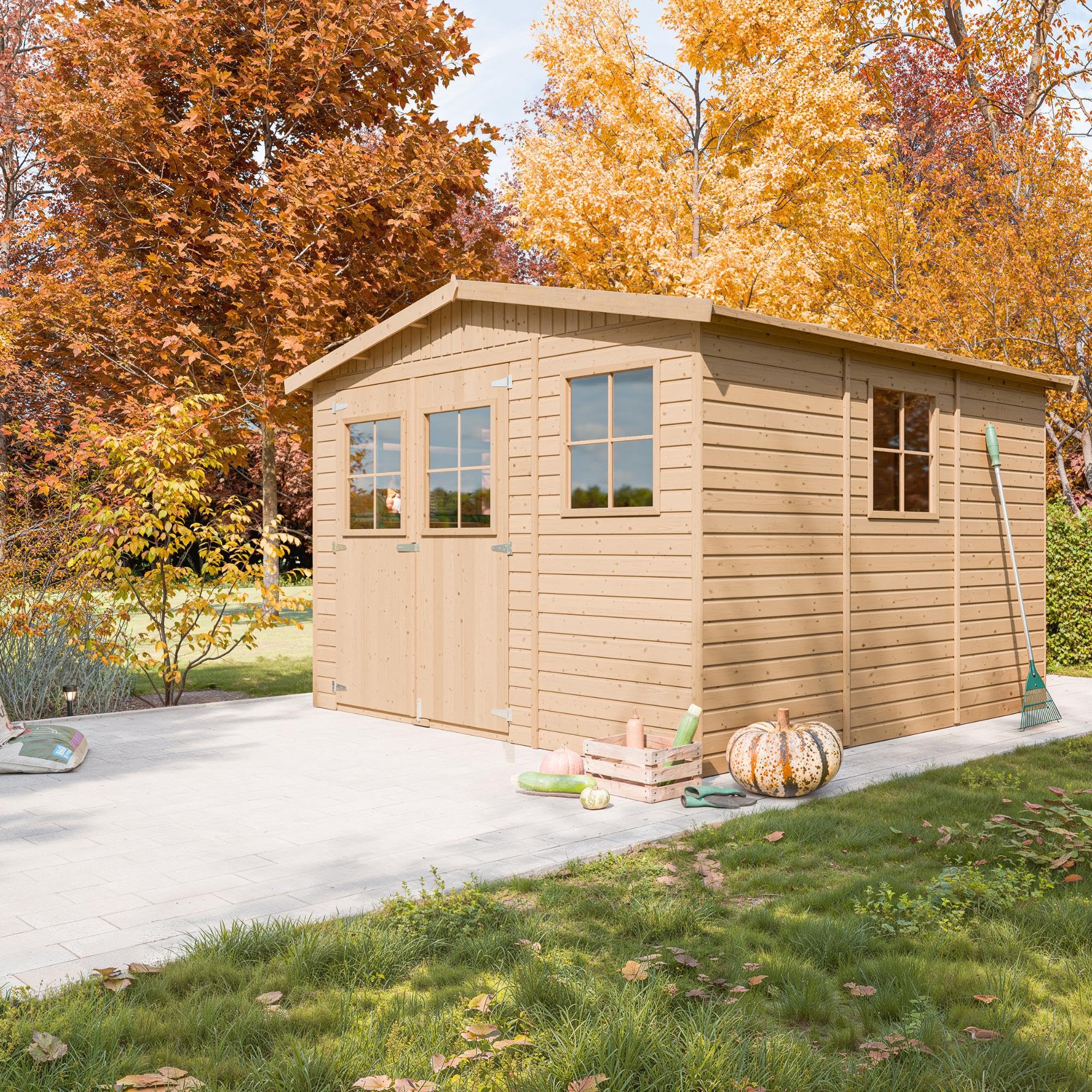 Cobertizo de Madera para jardín - A226x324x316cm/9m2 Cobertizo de Madera Natural - Taller de Jardín - Bicicleta, Almacenamiento de Herramientas TIMBELA M335