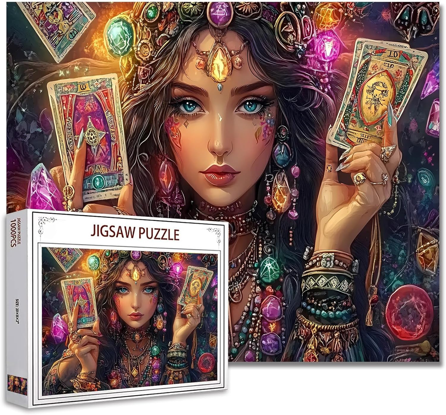 Beautiful Fortune Teller Woman Jigsaw Puzzle 1000 Pieces Puzzles for Adults,Tarot Cards Crystals Jigsaw Puzzles for Challenging Family Activity Games DIY Puzzle for Home Wall Decor- 20 x 27 Inches