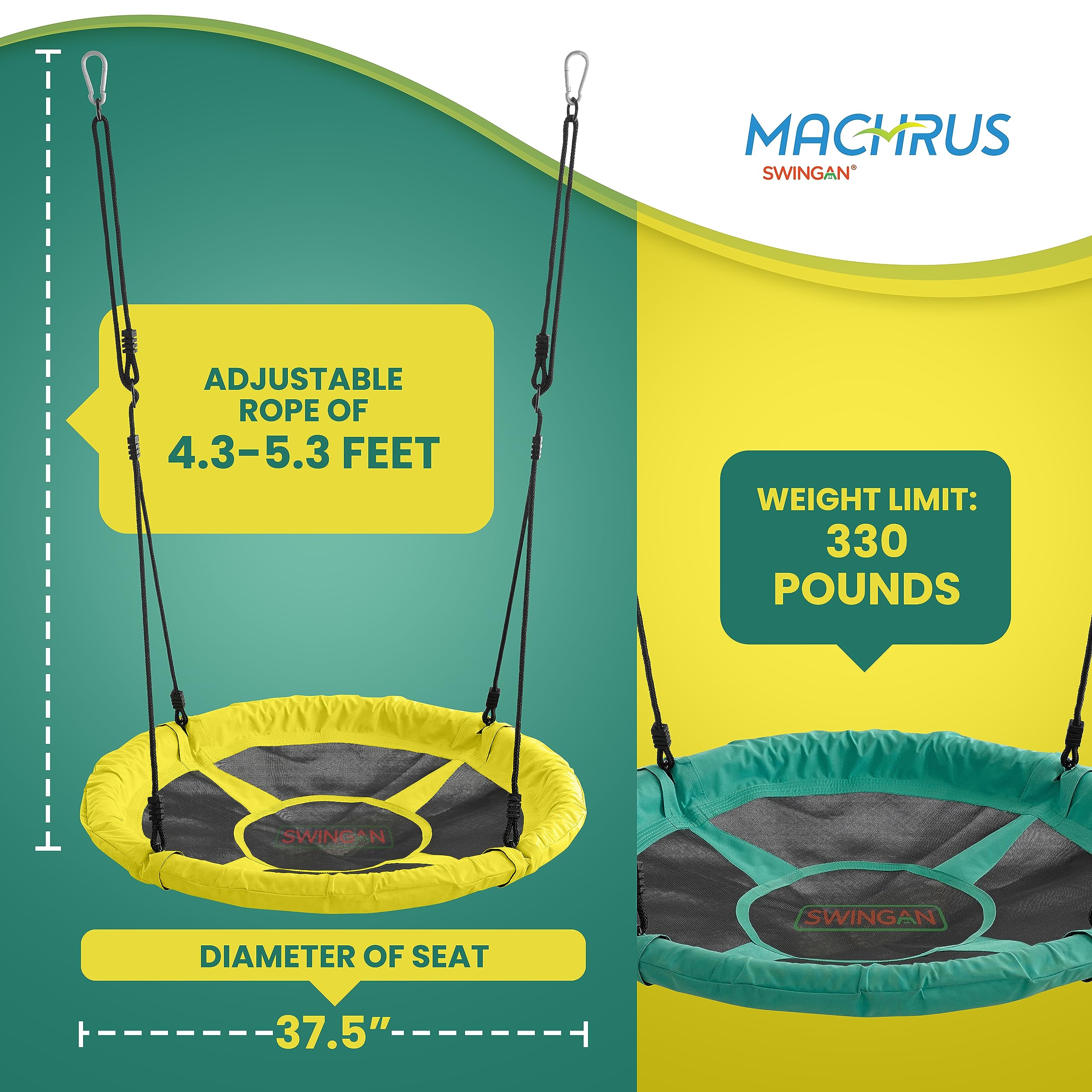 Machrus Swingan 37.5 in Super Fun Nest Swing with Adjustable Ropes - Solid Fabric Seat Design - Yellow