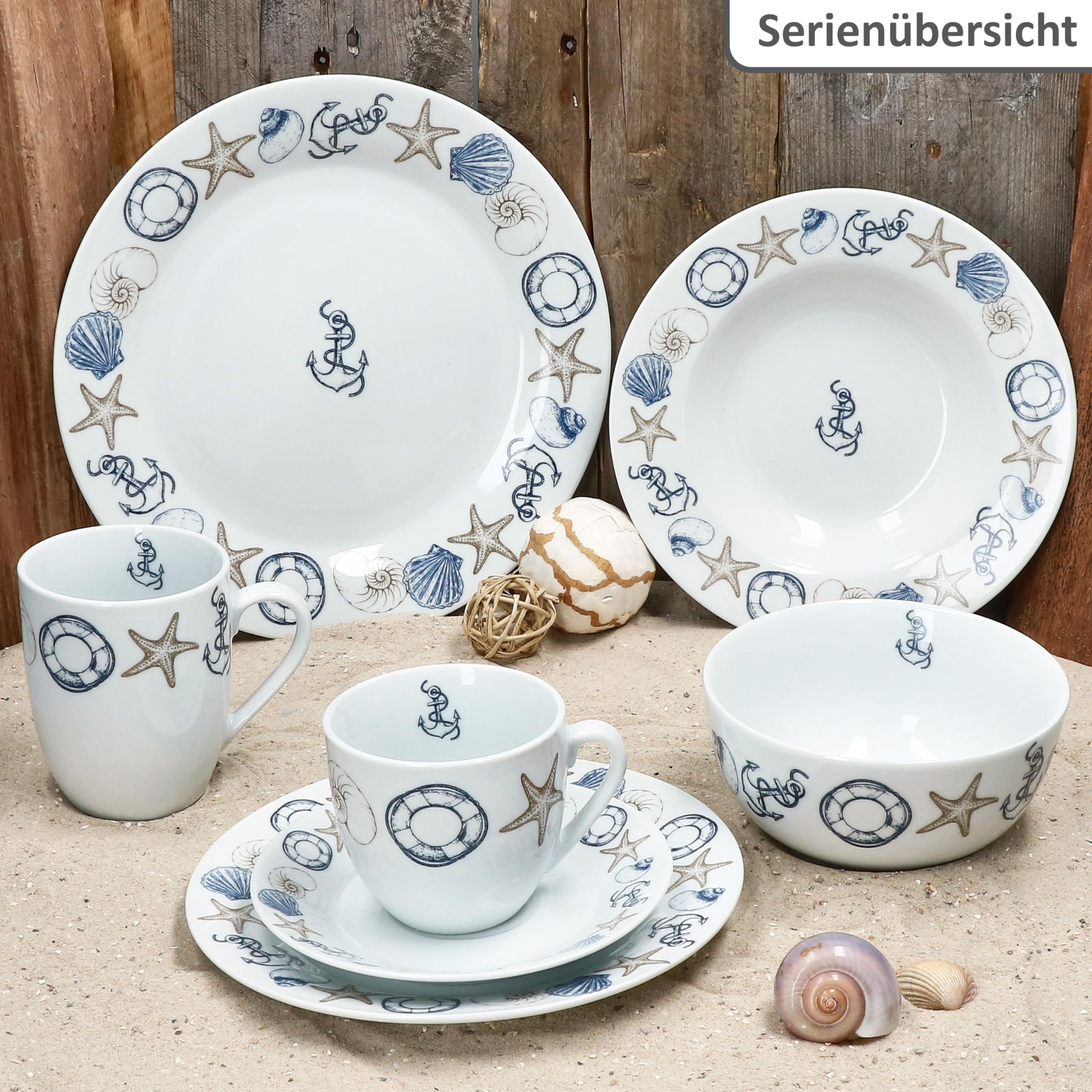 MamboCat Neptun 30tlg Kombiservice I Porzellan Geschirrset mit maritimen Motiven Anker, Muschel & Co für 6 Personen I je 6X Tassen, Untertassen, Kuchen-, Suppen- & Speiseteller